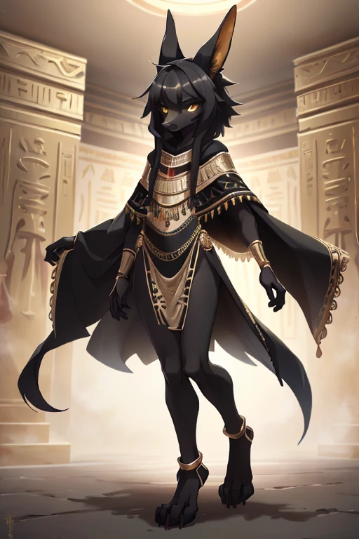 girl, small, fluffy black fur, jackal, anthro, slender, Egyptian attire, gold embroidered poncho, gold embroidered black body suit, robotic digitigrade legs,