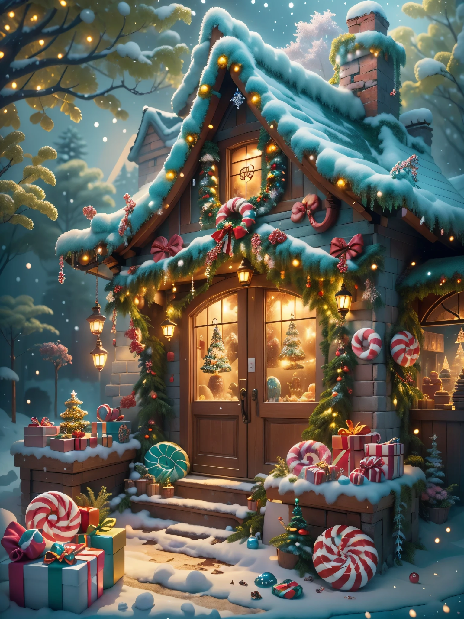 (tmasterpiece),（ultra - detailed:1.3），(Close-up: 1.8), Best quality，（棉花糖一样的白yuki:1.2），（Christmas courtyard in blue fairy tale:1.6），(蓝色门上圣诞decorationlower ring: 1.8),（suns），(((Delicious candies in front of the door，Christmas tree, gifts, Christmas stockings, cute gingerbread man，chocolate house splash))), Illustration style, decorations, Fantasy Christmas small courtyard, Lovely design style, yuki，rays of sunshine，vivd colour、 ((Whimsical and charming fantasy)), Surreal portrait, (Fantasy themed Christmas cabin), (Whimsical Christmas Accessories), (Colorful, Landscape full of candy), (enchanting, 神奇的Christmas tree), (A vibrant one, Candy-colored courtyard), (Candy Road), (blue candy door) in distance, (Like a mirror, 不对称tmasterpiece钟表配件), (Rich, fantasticcolors), (温暖的rays of sunshine), (four dimensional dream), (enchanting atmosphere), (Playful composition), (生动的rays of sunshine效果), 1.4x realism，hyper HD，Shown in this beautiful scene，(Very meticulous，Reasonable design，Clear lines，High- sharpness，tmasterpiece，offcial art，movie light effect，8K)