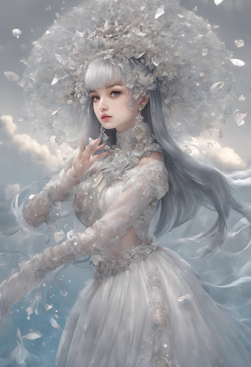 high resolucion;，ultra - detailed）， offcial art, unity 8k wallpaper, Ultra-detailed, Beautiful and aesthetically pleasing., tmasterpiece, Best Quality Keeper,Long Skirt，slim girl，Try on a tulle dress decorated with sparkling broken diamonds，Hood attachment，hood head，hood head，The material of the clothes is very light，gaia style，The clothes are surrounded by auspicious cloud patterns..，
