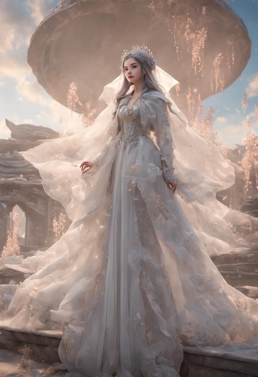 high resolucion;,ultra - detailed), offcial art, unity 8k wallpaper, Ultra-detailed, Beautiful and aesthetically pleasing., tmasterpiece, Best Quality Keeper,Long Skirt,slim girl,Try on a tulle dress decorated with sparkling broken diamonds,Hood attachment,hood head,hood head,The material of the clothes is very light,gaia style,The clothes are surrounded by auspicious cloud patterns..,