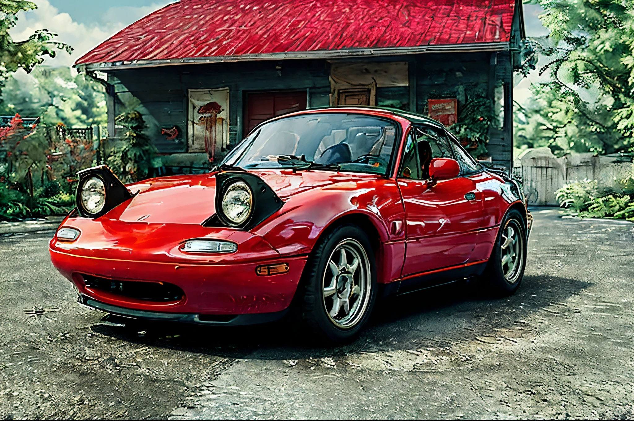 The Allafard RED Porsche 964 is parked in front of the garage, Highly detailed hyperreal retro, Porsche 964, Porsche 964,, Ultra-detailed 3D rendering, Ultra-detailed 3D rendering, Porsche 964, 3D Ultra-Realistic Rendering, veranda, hyper realistic rendering, hyper realistic 3 d render, hyper real render，Mender，tailed，Porsche 964，