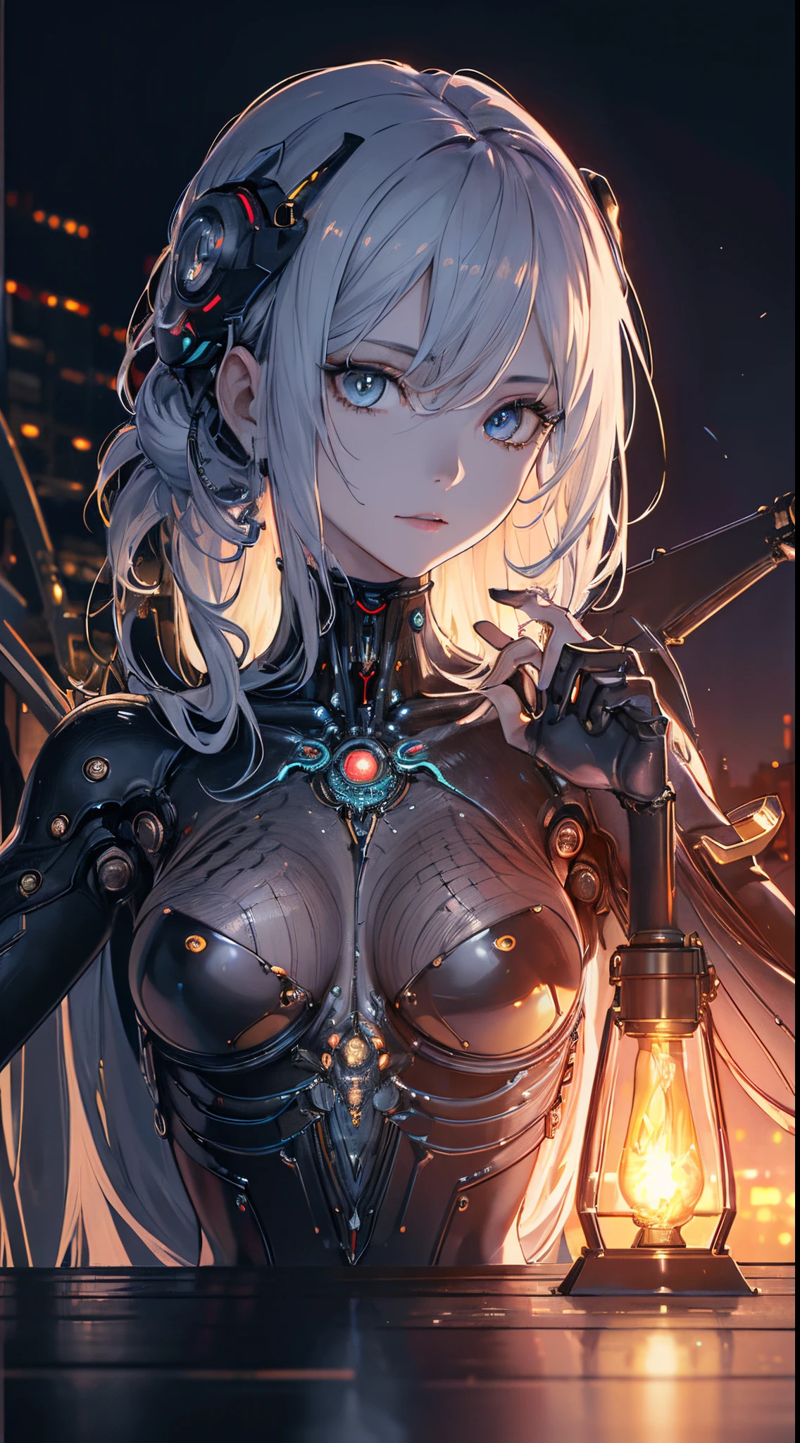 Top Quality, Masterpiece, Ultra High Resolution, ((Photorealistic: 1.4), Raw Photo, 1 cyberpunk Girl, Glossy Skin, 1 Mechanical Girl, (Ultra Realistic Details)), mechanical limbs, tubes connected to the mechanical parts, mechanical vertebrae attached to the spine, mechanical cervical attachment to the neck, wires and cables connecting to the head, Evangelion, Ghost in the Shell, small glowing LED lamps, global lighting, deep shadows, Octane Rendering, 8K, Ultra Sharp, Metal, Intricate Ornament Details, baroque details, Very intricate details, realistic light, CGSoation trend, facing the camera, neon details, (android manufactory in background), art by H.R. Giger and Alphonse Mucha.