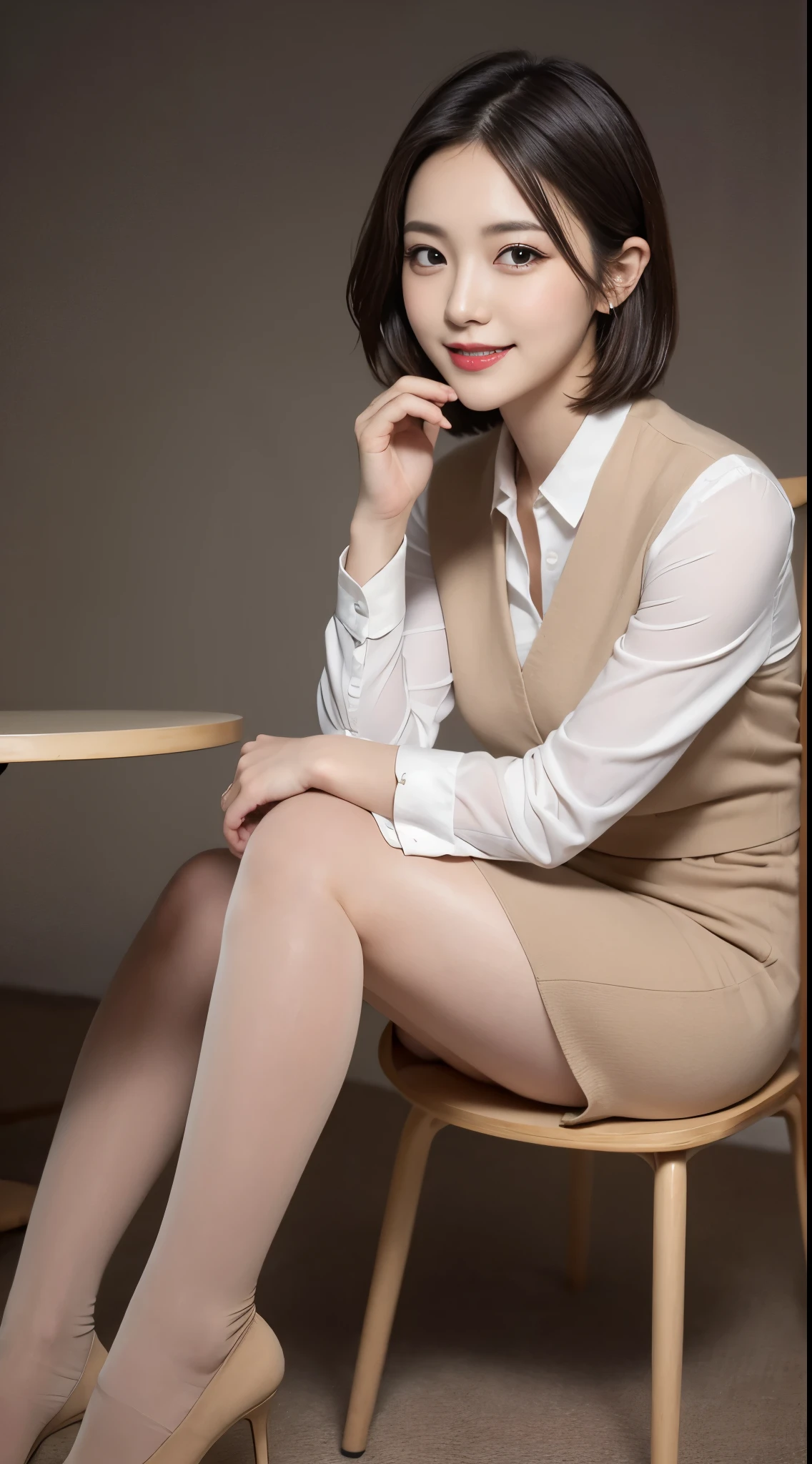 masutepiece, Best Quality, Illustration, Ultra-detailed, finely detail, hight resolution, 8K Wallpaper, Perfect dynamic composition, Beautiful detailed eyes, Business suits,Mini skirt，short cut hair，Natural Color Lip, Sit on a chair and cross your legs,Smile、25 year old girl，red eye shadow，Wearing full beige stockings，