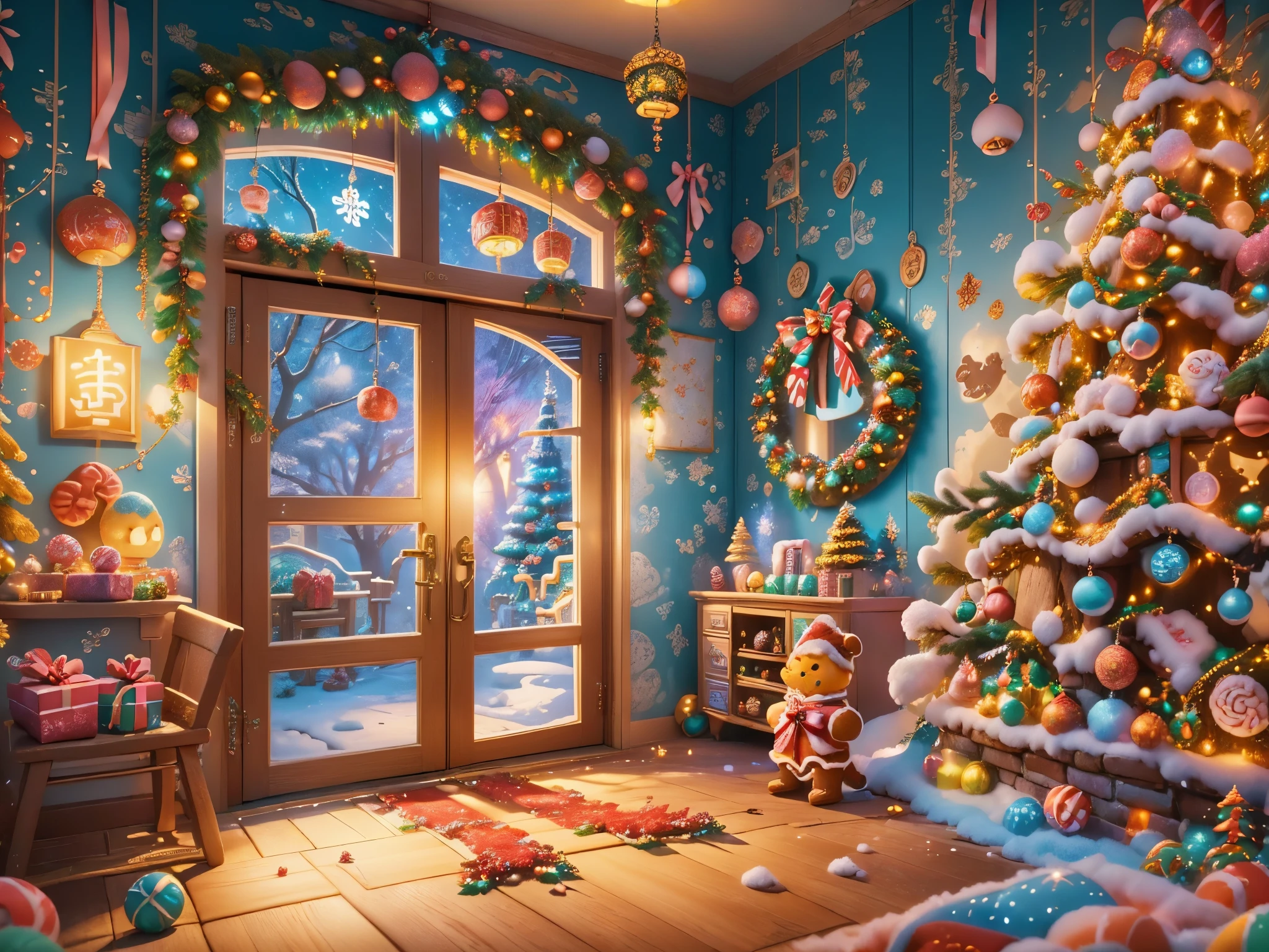 (tmasterpiece),（ultra - detailed:1.3），(Close-up: 1.8), Best quality，（棉花糖一样的白yuki:1.2），（Christmas courtyard in blue fairy tale:1.6），(蓝色门上圣诞decorationlower ring: 1.8),（suns），(((Delicious candies in front of the door，Christmas tree, gifts, Christmas stockings, cute gingerbread man，chocolate house splash))), Illustration style, decorations, Fantasy Christmas small courtyard, Lovely design style, yuki，rays of sunshine，vivd colour、 ((Whimsical and charming fantasy)), Surreal portrait, (Fantasy themed Christmas cabin), (Whimsical Christmas Accessories), (Colorful, Landscape full of candy), (enchanting, 神奇的Christmas tree), (A vibrant one, Candy-colored courtyard), (Candy Road), (blue candy door) in distance, (Like a mirror, 不对称tmasterpiece钟表配件), (Rich, fantasticcolors), (温暖的rays of sunshine), (four dimensional dream), (enchanting atmosphere), (Playful composition), (生动的rays of sunshine效果), 1.4x realism，hyper HD，Shown in this beautiful scene，(Very meticulous，Reasonable design，Clear lines，High- sharpness，tmasterpiece，offcial art，movie light effect，8K)