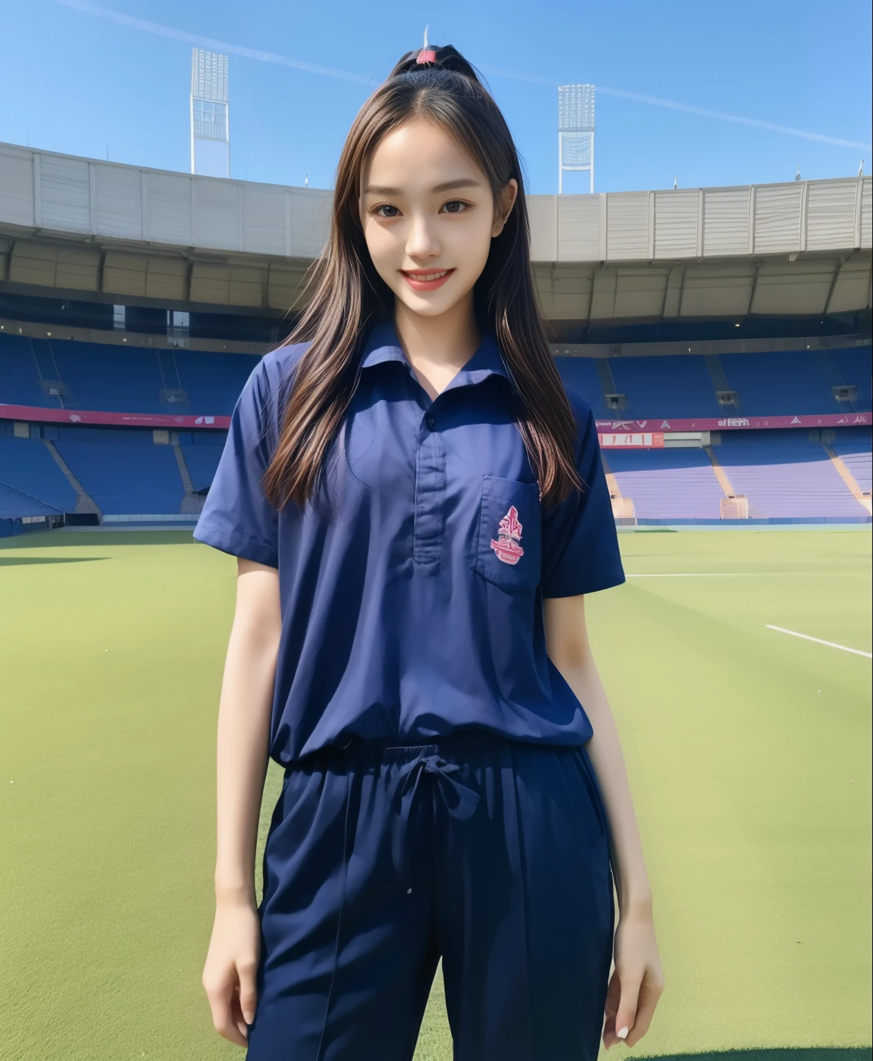 (bestquality,10,10,highres,masterpiece:1.2),ultra-detail,(Realistic,ภาพRealistic,photo-realistic:1.37),1 Cute girl in the football field,oily shiny skin,bara,light smile,BDclothelue shirt:1.3)),short sleeves,shirt, trousers.,(navy_long_ติดตามtrousers:1.1), ((Stadium Background:1.3)),dynamic angle,excited,face focus,Dynamic Poses,from behide,Ass Focus,masterpiece, bestquality, ultra realistic, hyper-detail, 8k resolution, RAW photo, crisp focus, ((Navy blue shirt:1.1)), short sleeves, เส้นทางlong, Complete bodyแบบ, 2 mature women, 18yo, cinematic light,trousersวอร์มสีน้ําเงิน,Gymware,Correct anatomy,Complete body, Correct body, sharp face, Correct bodyทางกายวิภาค, full entire body, Realistic gestures, long-haired, Realistic poses,Wear long shorts................................,ช่วงขาlong,Shapely,Sculpting Girl, Slender Figure, mannequin mannequins, Shapely, Beautiful body,trousersวอร์มสีน้ําเงิน, Two girls kissing