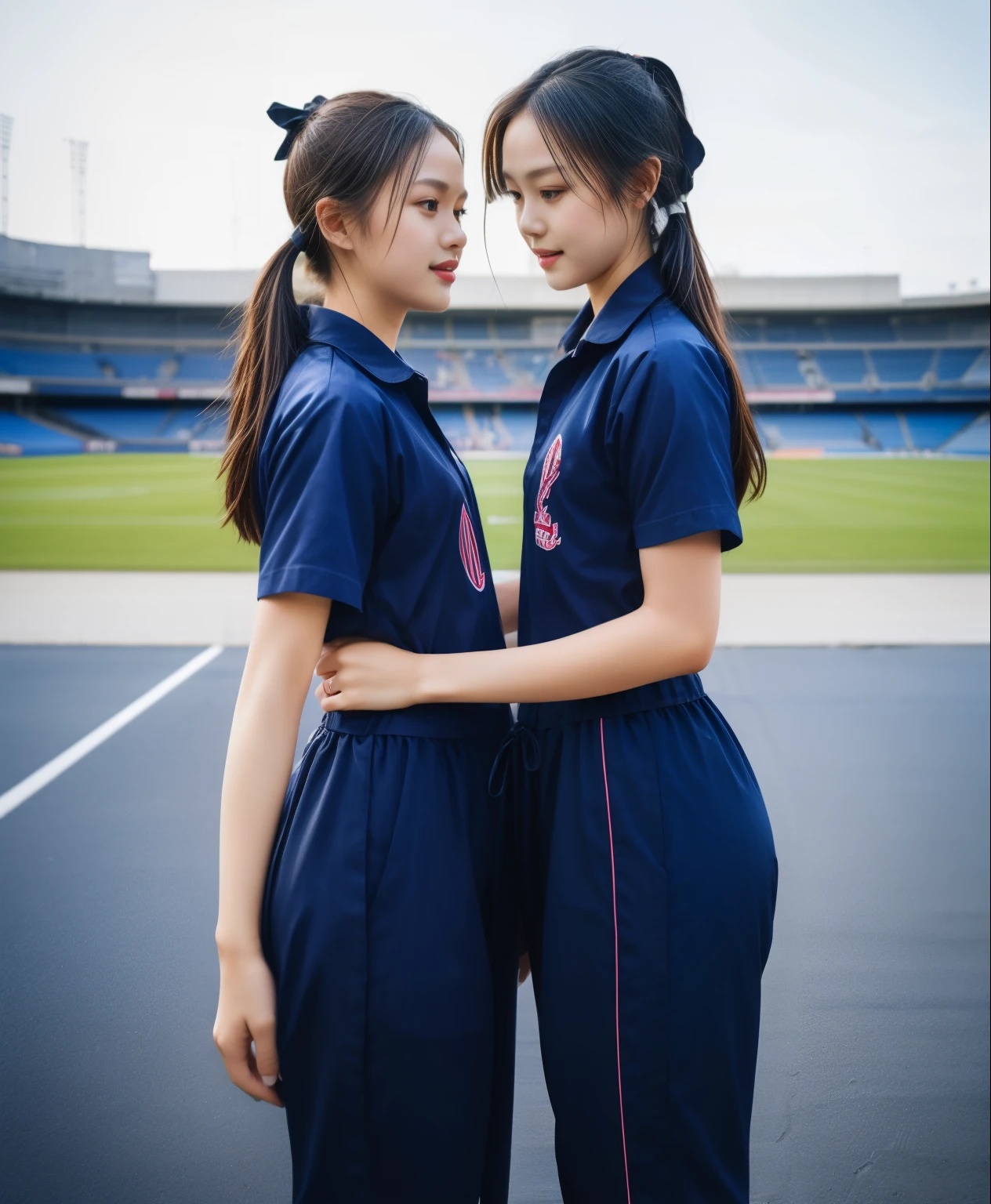 (bestquality,10,10,highres,masterpiece:1.2),ultra-detail,(Realistic,ภาพRealistic,photo-realistic:1.37),1 Cute girl in the football field,oily shiny skin,bara,light smile,BDclothelue shirt:1.3)),short sleeves,shirt, trousers.,(navy_long_ติดตามtrousers:1.1), ((Stadium Background:1.3)),dynamic angle,excited,face focus,Dynamic Poses,from behide,Ass Focus,masterpiece, bestquality, ultra realistic, hyper-detail, 8k resolution, RAW photo, crisp focus, ((Navy blue shirt:1.1)), short sleeves, เส้นทางlong, Complete bodyแบบ, 2 mature women, 18yo, cinematic light,trousersวอร์มสีน้ําเงิน,Gymware,Correct anatomy,Complete body, Correct body, sharp face, Correct bodyทางกายวิภาค, full entire body, Realistic gestures, long-haired, Realistic poses,Wear long shorts................................,ช่วงขาlong,Shapely,Sculpting Girl, Slender Figure, mannequin mannequins, Shapely, Beautiful body,trousersวอร์มสีน้ําเงิน, Two girls kissing
