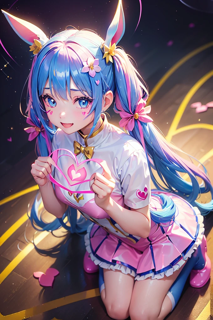 (multicoloured latex school girl costume)、sexypose、very long twintails、Blue hair、(angel wings、Rabbit ears)、((((heart mark))))、((Golden decoration、Flower Embellishment))、Blue eyes、Smile、Sit up、floating flower petals、((Glitter、Pink Light Trail、Bokeh))