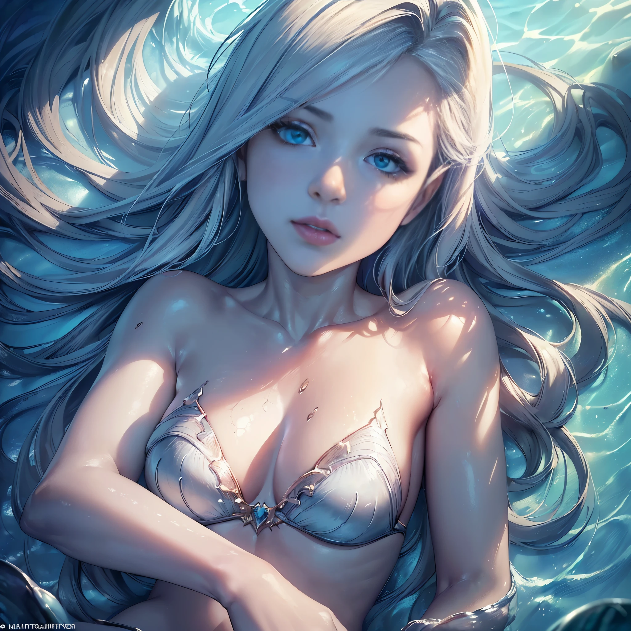 ((Quality: masterpiece, best quality, UHD, anatomically correct, photo realism, textured and detailed skin, skin pores, skin imperfections, textured and detailed hair, dramatic lighting, contrasting of light and shadows)), inspired by the deep sea, underwater mermaid, bikini top, seashells, bright colours, flowing hair