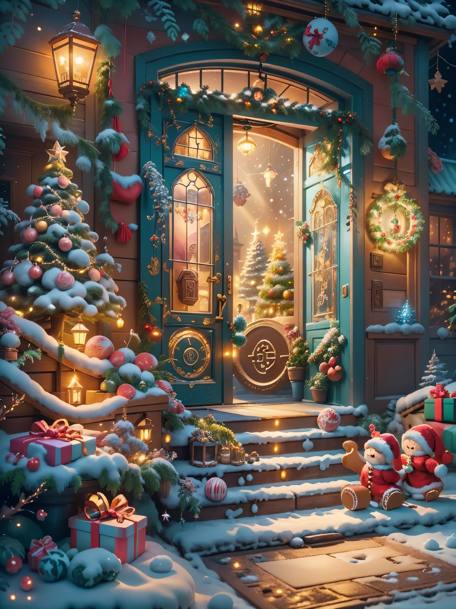 (tmasterpiece),（ultra - detailed:1.3），(Close-up: 1.8), Best quality，（棉花糖一样的白yuki:1.2），（Christmas courtyard in blue fairy tale:1.6），(蓝色门上圣诞decorationlower ring: 1.8),（suns），(((Delicious candies in front of the door，Christmas tree, gifts, Christmas stockings, cute gingerbread man，chocolate house splash))), Illustration style, decorations, Fantasy Christmas small courtyard, Lovely design style, yuki，rays of sunshine，vivd colour、 ((Whimsical and charming fantasy)), Surreal portrait, (Fantasy themed Christmas cabin), (Whimsical Christmas Accessories), (Colorful, Landscape full of candy), (enchanting, 神奇的Christmas tree), (A vibrant one, Candy-colored courtyard), (Candy Road), (blue candy door) in distance, (Like a mirror, 不对称tmasterpiece钟表配件), (Rich, fantasticcolors), (温暖的rays of sunshine), (four dimensional dream), (enchanting atmosphere), (Playful composition), (生动的rays of sunshine效果), 1.4x realism，hyper HD，Shown in this beautiful scene，(Very meticulous，Reasonable design，Clear lines，High- sharpness，tmasterpiece，offcial art，movie light effect，8K)