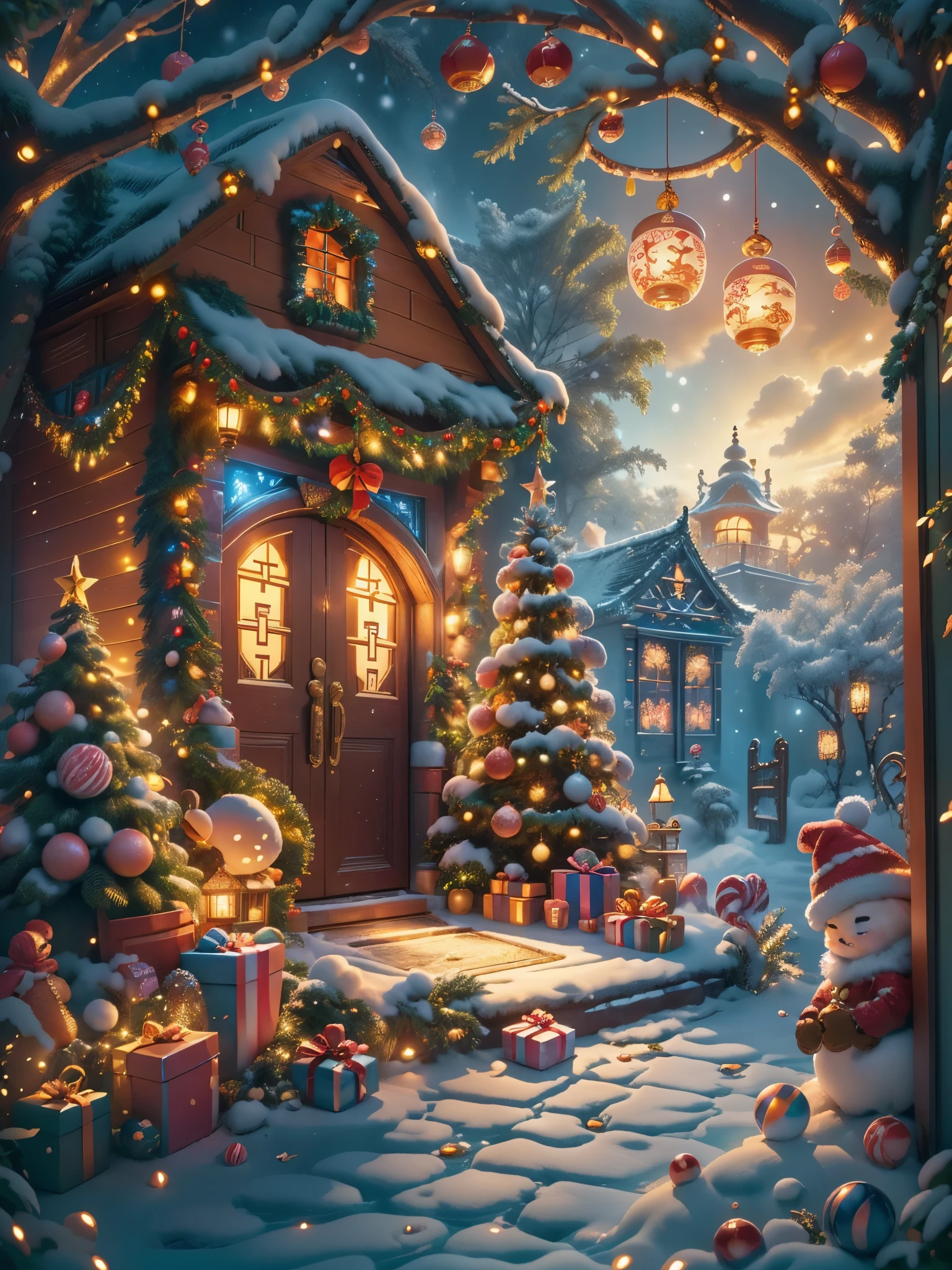 (tmasterpiece),(ultra - detailed:1.3),(Close-up: 1.8), Best quality,(棉花糖一样的白yuki:1.2),(Christmas courtyard in blue fairy tale:1.6),(蓝色门上圣诞decorationlower ring: 1.8),(suns),(((Delicious candies in front of the door,Christmas tree, gifts, Christmas stockings, cute gingerbread man,chocolate house splash))), Illustration style, decorations, Fantasy Christmas small courtyard, Lovely design style, yuki,rays of sunshine,vivd colour、 ((Whimsical and charming fantasy)), Surreal portrait, (Fantasy themed Christmas cabin), (Whimsical Christmas Accessories), (Colorful, Landscape full of candy), (enchanting, 神奇的Christmas tree), (A vibrant one, Candy-colored courtyard), (Candy Road), (blue candy door) in distance, (Like a mirror, 不对称tmasterpiece钟表配件), (Rich, fantasticcolors), (温暖的rays of sunshine), (four dimensional dream), (enchanting atmosphere), (Playful composition), (生动的rays of sunshine效果), 1.4x realism,hyper HD,Shown in this beautiful scene,(Very meticulous,Reasonable design,Clear lines,High- sharpness,tmasterpiece,offcial art,movie light effect,8K)