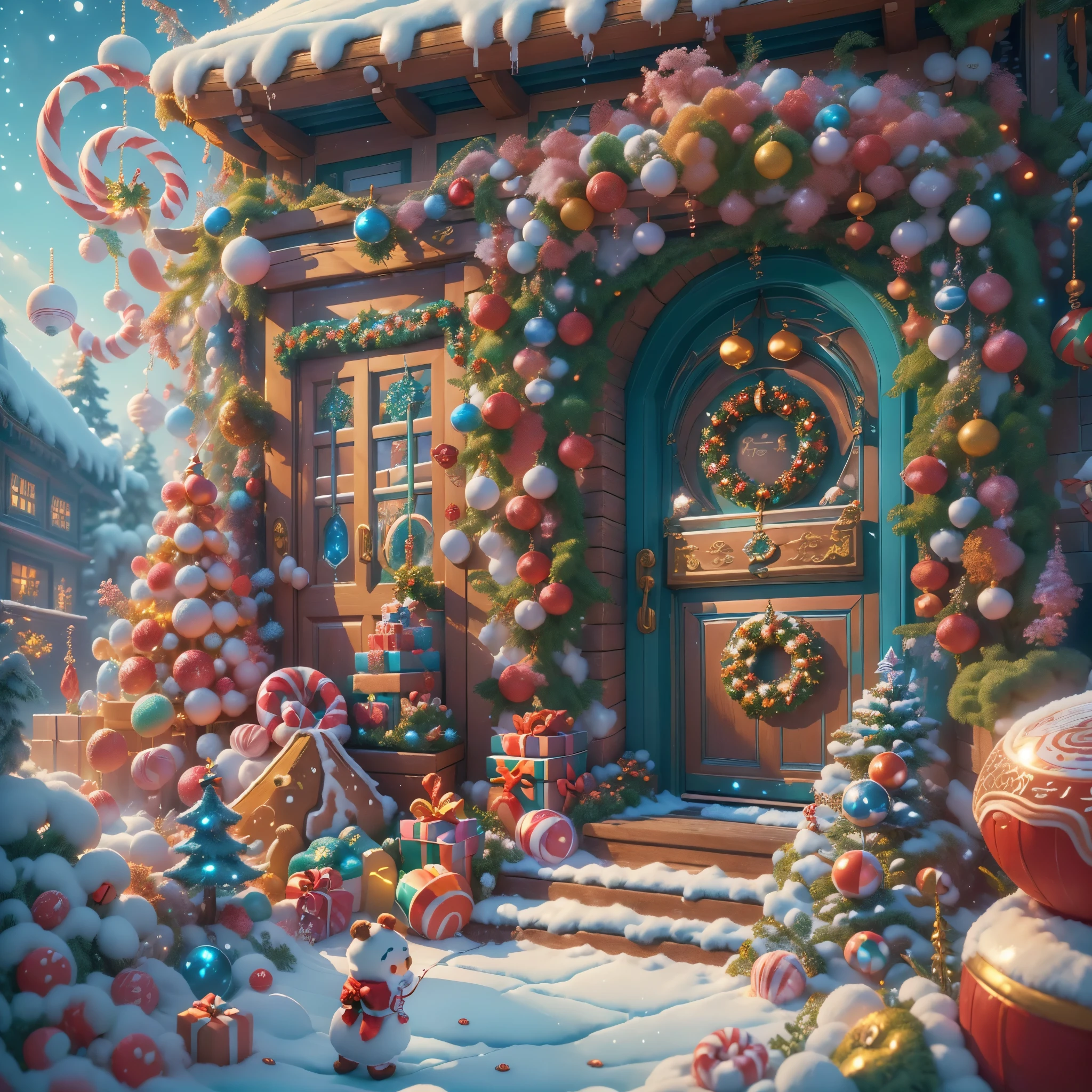 (tmasterpiece),(ultra - detailed:1.3),(Close-up: 1.8), Best quality,(棉花糖一样的白yuki:1.2),(Christmas courtyard in blue fairy tale:1.6),(蓝色门上圣诞decorationlower ring: 1.8),(suns),(((Delicious candies in front of the door,Christmas tree, gifts, Christmas stockings, cute gingerbread man,chocolate house splash))), Illustration style, decorations, Fantasy Christmas small courtyard, Lovely design style, yuki,rays of sunshine,vivd colour、 ((Whimsical and charming fantasy)), Surreal portrait, (Fantasy themed Christmas cabin), (Whimsical Christmas Accessories), (Colorful, Landscape full of candy), (enchanting, 神奇的Christmas tree), (A vibrant one, Candy-colored courtyard), (Candy Road), (blue candy door) in distance, (Like a mirror, 不对称tmasterpiece钟表配件), (Rich, fantasticcolors), (温暖的rays of sunshine), (four dimensional dream), (enchanting atmosphere), (Playful composition), (生动的rays of sunshine效果), 1.4x realism,hyper HD,Shown in this beautiful scene,(Very meticulous,Reasonable design,Clear lines,High- sharpness,tmasterpiece,offcial art,movie light effect,8K)
