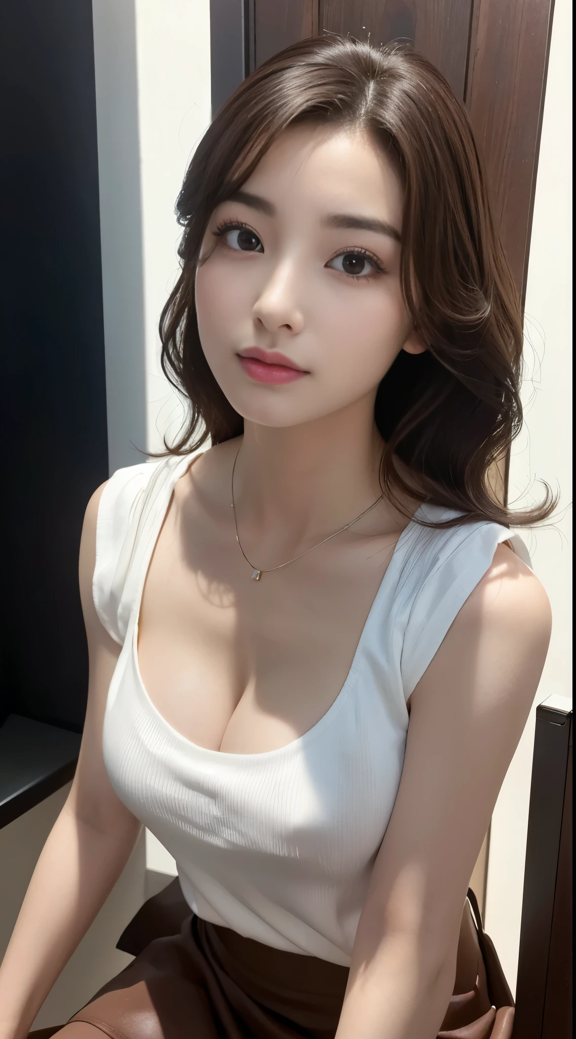 (8K、nffsw、Hi-Res)、((((a picture、Raw photography、Hyper-Realism、masterpiece、top-quality、超A high resolution))))、(Pin Light、Back lighting、Back lighting、ciinematic light)、foco nítido:1。4、(Hyper-detailing、finedetail)、cowboy shot、 1girl in、Egg-shaped face、Big, Beautiful eyes like a cat、small and slightly plump lips,,,,,,,,,,,,、thick eyebrow、long and beautiful eyelashes。Transparent throughout makeup、Put a sparkling pink lip gloss on your cheeks.。(((Wavy dark brown medium hair)))。(((white shirt)))、large full breasts、cleavage of the breast、25-years old、(Drooping eyes 1.5)、 Beauty、japanes、(((white panties)))、(8KRaw photography、top-quality、masuter piece:1.2)、ultra-detailliert、ultra res、(realisitic、realisitica picture:1.37)、portlate、高精細RAWカラーa picture、Professional Photography、highly detailed and beautiful、ighly detailed、8K画像Wallpapers of、amazing detailed、huge filesize、Official art、Highly detailed CG Unity 8KWallpapers of、highly detailed beautiful girl、ighly detailedな顔、ighly detailedな目、ighly detailedな肌、ighly detailedな指、highly detailed nose、ighly detailedな詳細な口、Perfect Anatomy、细致背景、Cute s、realisiticな体つき、de pele branca、glistning skin、Handsome body、kawaii、kawaii faces、Lifelike face、Delicate eyes、Looking at the camera、front facing、thick thight、(Highly detailed white skin)、Tecateca、embarassed face、Excited face、Muchimuchi、(looking at from the front:1.2)、(japanesのOL:1.2)、(knee:1.3)、(((Lift the skirt、Lift the skirt with both hands,、Lift the skirt yourself、I can see the white panties)))、Dark Officeで、((squat exercise:1.3))、((low angle shot:1.2))、(((I'm wearing high heels)))、(((Dark Office)))、