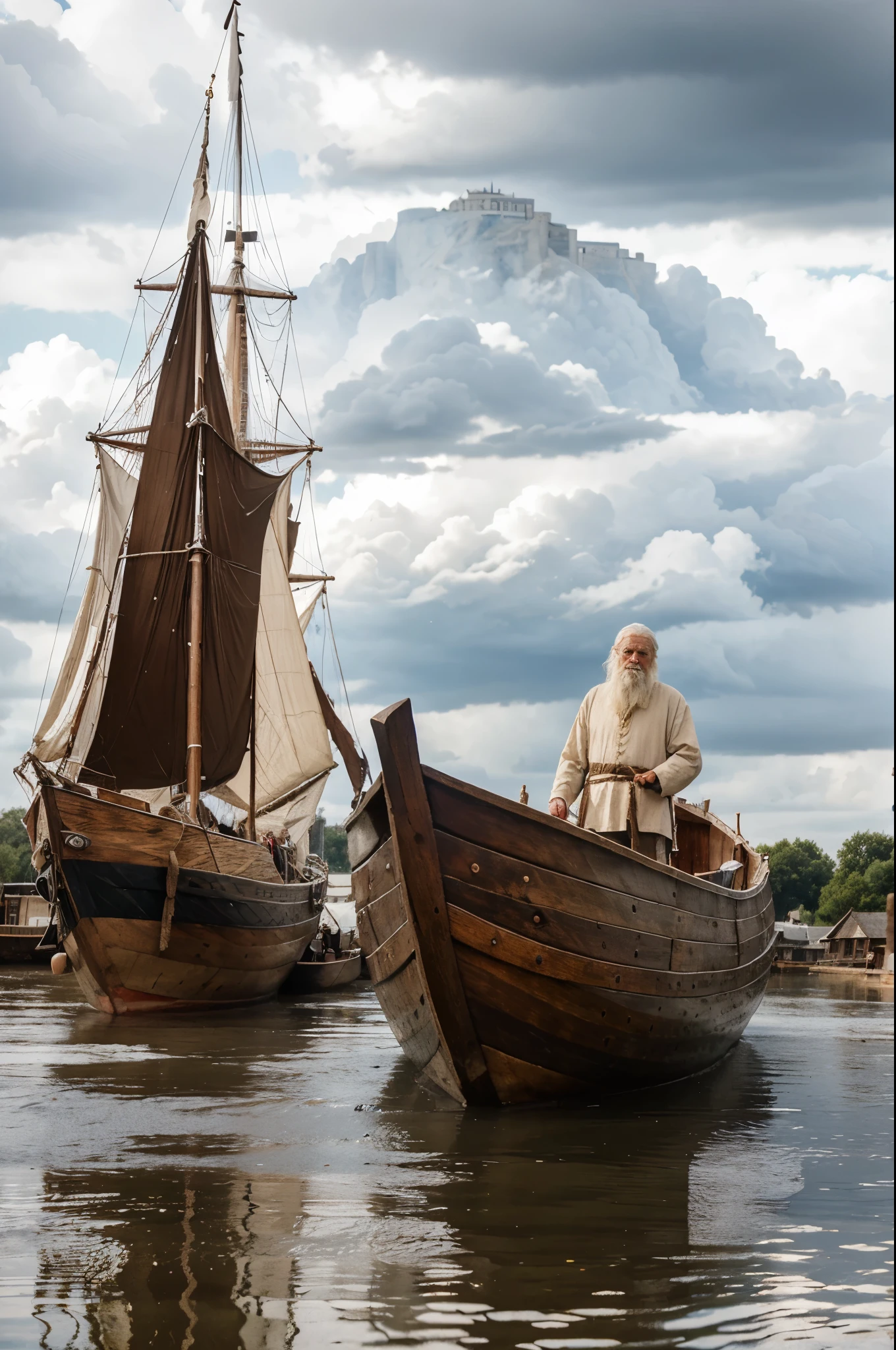 Old man, 65 years old, long hair, white hair, old clothes, medieval clothes, building a giant wooden boat, depicting Noah building the ark, medieval landscape in the background, dry weather, cloudy sky