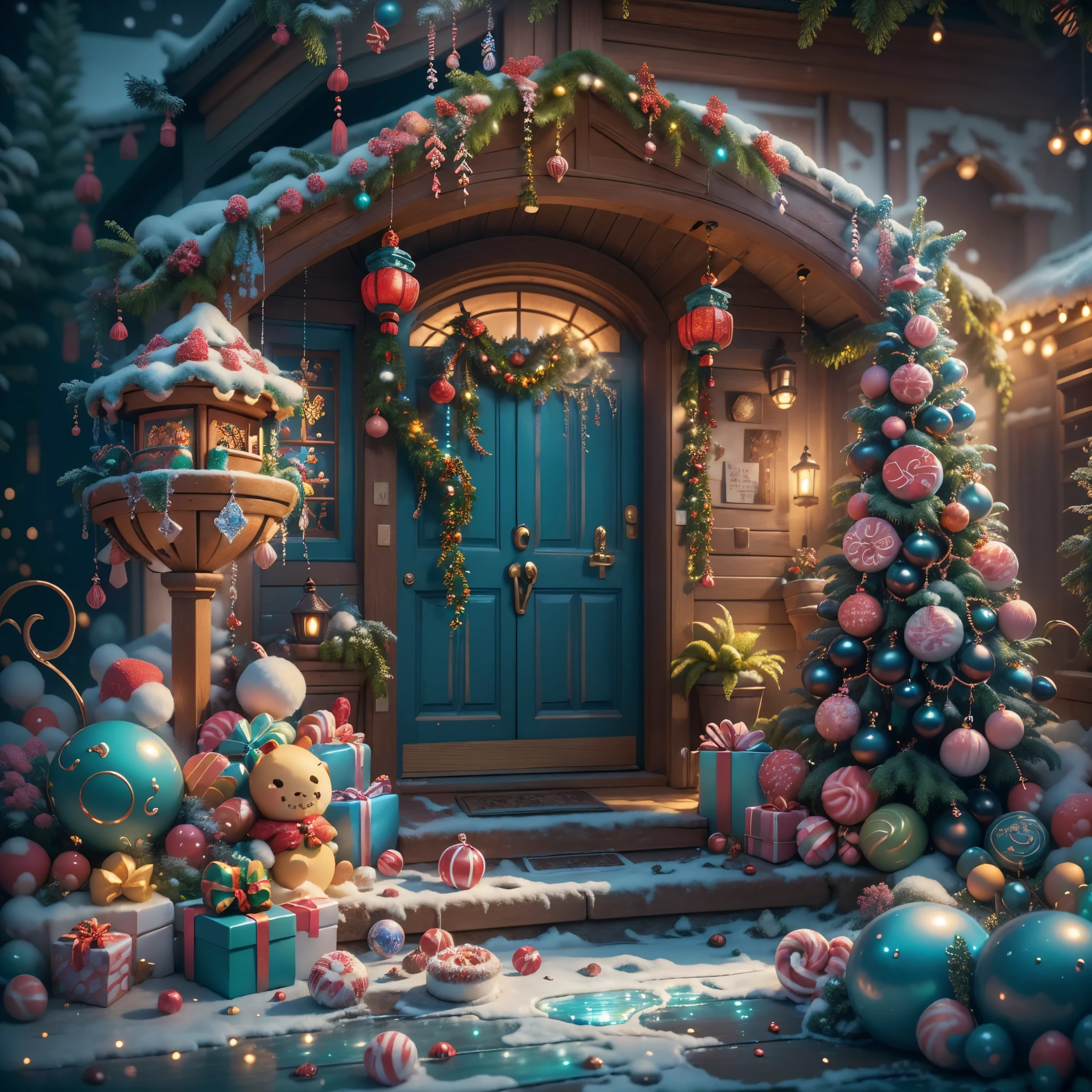 (tmasterpiece),(ultra - detailed:1.3),(Close-up: 1.8), Best quality,(棉花糖一样的白yuki:1.2),(Christmas courtyard in blue fairy tale:1.6),(蓝色门上圣诞decorationlower ring: 1.8),(suns),(((Delicious candies in front of the door,Christmas tree, gifts, Christmas stockings, cute gingerbread man,chocolate house splash))), Illustration style, decorations, Fantasy Christmas small courtyard, Lovely design style, yuki,rays of sunshine,vivd colour、 ((Whimsical and charming fantasy)), Surreal portrait, (Fantasy themed Christmas cabin), (Whimsical Christmas Accessories), (Colorful, Landscape full of candy), (enchanting, 神奇的Christmas tree), (A vibrant one, Candy-colored courtyard), (Candy Road), (blue candy door) in distance, (Like a mirror, 不对称tmasterpiece钟表配件), (Rich, fantasticcolors), (温暖的rays of sunshine), (four dimensional dream), (enchanting atmosphere), (Playful composition), (生动的rays of sunshine效果), 1.4x realism,hyper HD,Shown in this beautiful scene,(Very meticulous,Reasonable design,Clear lines,High- sharpness,tmasterpiece,offcial art,movie light effect,8K)