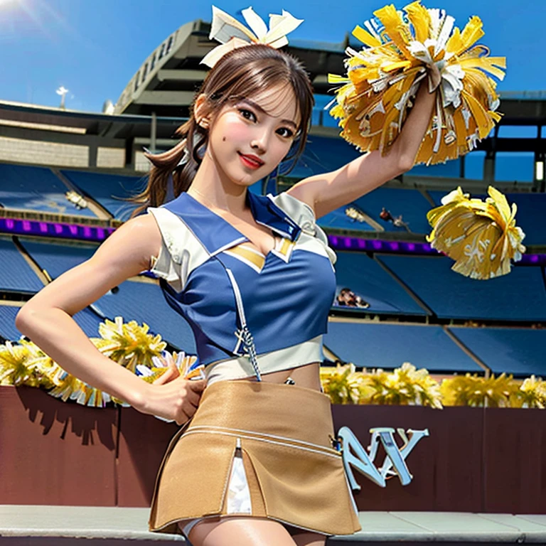 highest quality, masterpiece, (photorealistic, realistic, natural light:1.2), 16K, best aesthetic, (ultra high res, extremely detailed, fairly detailed skin texture:1.3), dynamic angle, professional photo, (correct anatomy:1.5), ((from front view:1.3)), 1 girl, solo, Japanese teen, ((looking at viewer, cowboy shot:1.4)), 15 years old, (brown hair, ponytail:1.4), curled hair, brown eyes, (naturally narrow eyes:1.2), (tan, tall nose:1.5), beautiful nose and lips, ((light smile:1.1)), ((cheerleader:1.5)), (tall:1.5), (skinny:1.1), (beautiful breast:1.3), ((cleavage:1.2)), ((sleeveless:1.5)), (((stomach cutout, naval:1.3))), ((mini skirt:1.5)), (((dancing:1.5))), (((outdoor, stadium:1.4)))