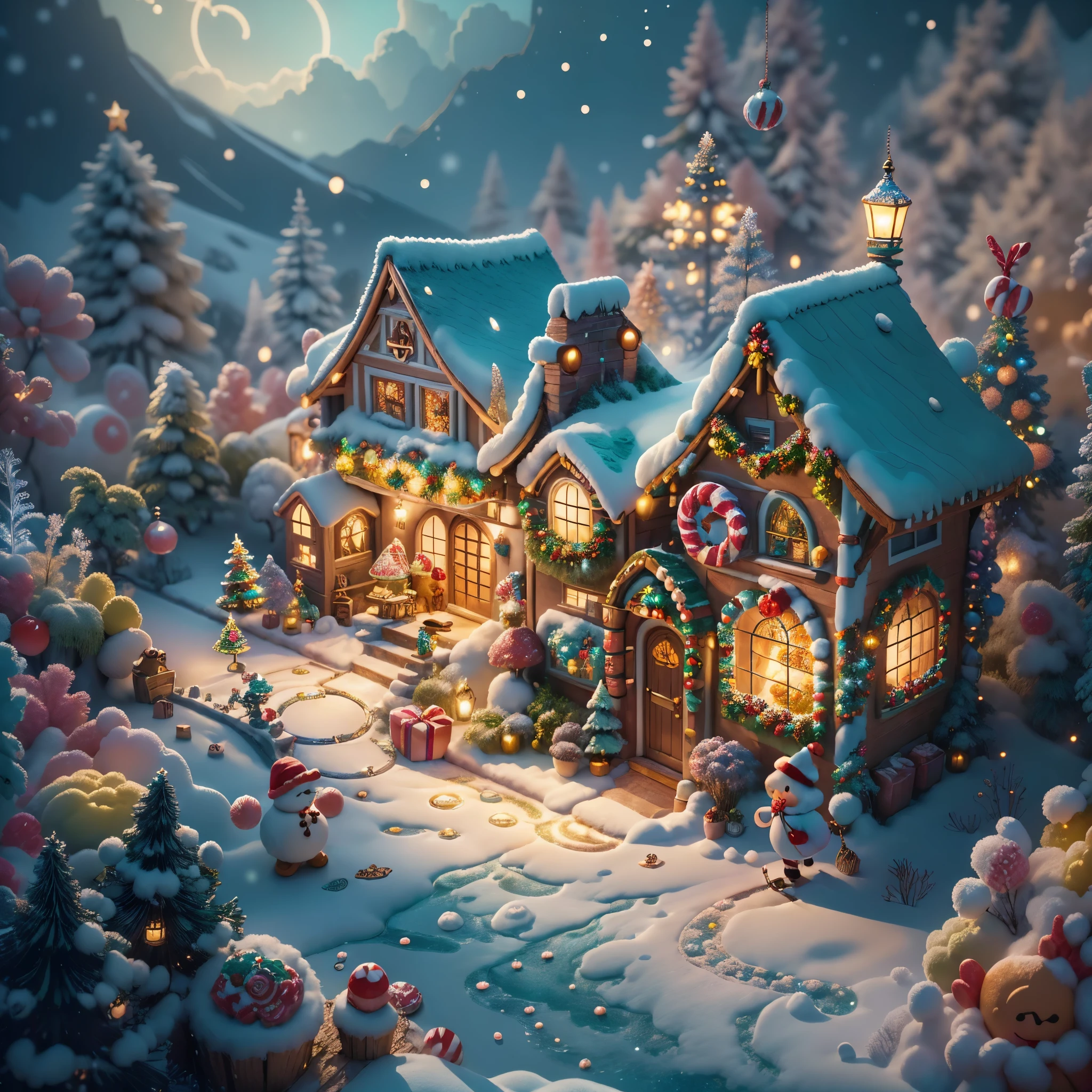 (tmasterpiece),（ultra - detailed:1.3），(Close-up: 1.8), Best quality，（棉花糖一样的白yuki:1.2），（Christmas courtyard in blue fairy tale:1.6），(蓝色门上圣诞decorationlower ring: 1.8),（suns），(((Delicious candies in front of the door，Christmas tree, gifts, Christmas stockings, cute gingerbread man，chocolate house splash))), Illustration style, decorations, Fantasy Christmas small courtyard, Lovely design style, yuki，rays of sunshine，vivd colour、 ((Whimsical and charming fantasy)), Surreal portrait, (Fantasy themed Christmas cabin), (Whimsical Christmas Accessories), (Colorful, Landscape full of candy), (enchanting, 神奇的Christmas tree), (A vibrant one, Candy-colored courtyard), (Candy Road), (blue candy door) in distance, (Like a mirror, 不对称tmasterpiece钟表配件), (Rich, fantasticcolors), (温暖的rays of sunshine), (four dimensional dream), (enchanting atmosphere), (Playful composition), (生动的rays of sunshine效果), 1.4x realism，hyper HD，Shown in this beautiful scene，(Very meticulous，Reasonable design，Clear lines，High- sharpness，tmasterpiece，offcial art，movie light effect，8K)