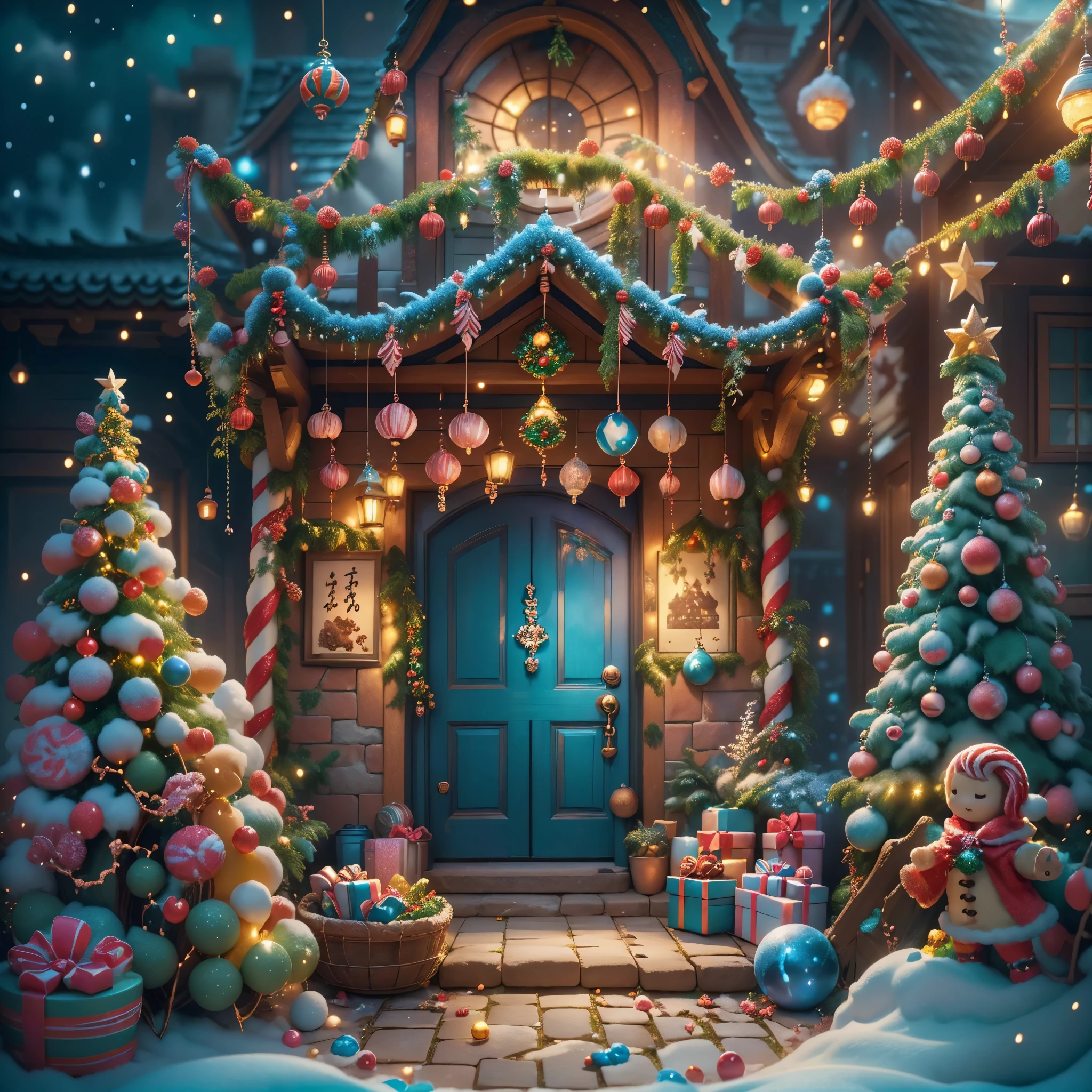 (tmasterpiece),（ultra - detailed:1.3），(Close-up: 1.8), Best quality，（棉花糖一样的白yuki:1.2），（Christmas courtyard in blue fairy tale:1.6），(蓝色门上圣诞decorationlower ring: 1.8),（suns），(((Delicious candies in front of the door，Christmas tree, gifts, Christmas stockings, cute gingerbread man，chocolate house splash))), Illustration style, decorations, Fantasy Christmas small courtyard, Lovely design style, yuki，rays of sunshine，vivd colour、 ((Whimsical and charming fantasy)), Surreal portrait, (Fantasy themed Christmas cabin), (Whimsical Christmas Accessories), (Colorful, Landscape full of candy), (enchanting, 神奇的Christmas tree), (A vibrant one, Candy-colored courtyard), (Candy Road), (blue candy door) in distance, (Like a mirror, 不对称tmasterpiece钟表配件), (Rich, fantasticcolors), (温暖的rays of sunshine), (four dimensional dream), (enchanting atmosphere), (Playful composition), (生动的rays of sunshine效果), 1.4x realism，hyper HD，Shown in this beautiful scene，(Very meticulous，Reasonable design，Clear lines，High- sharpness，tmasterpiece，offcial art，movie light effect，8K)