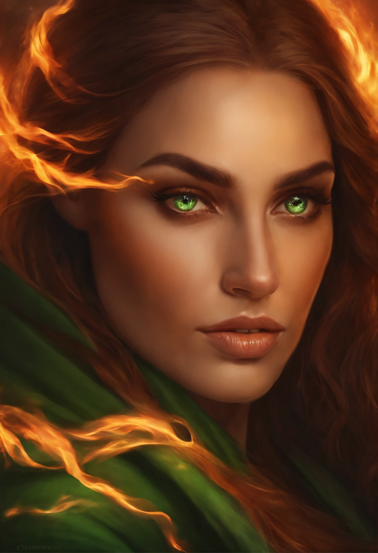 Close-up of a woman with green eyes engulfed in fire, brown hair fluttering in the fiery flames, epic fantasy art portrait, fantasy portrait art, fantasy art portrait, fantasy character portrait, Fantasy RPG Symmetrical Portrait, fantasy concept art portrait, detailed matte fantasy portrait, Fantasy genre portrait, fantasy portrait, Portrait of a female elf-sorcerer, fantasy portrait, Portrait of a Sorceress