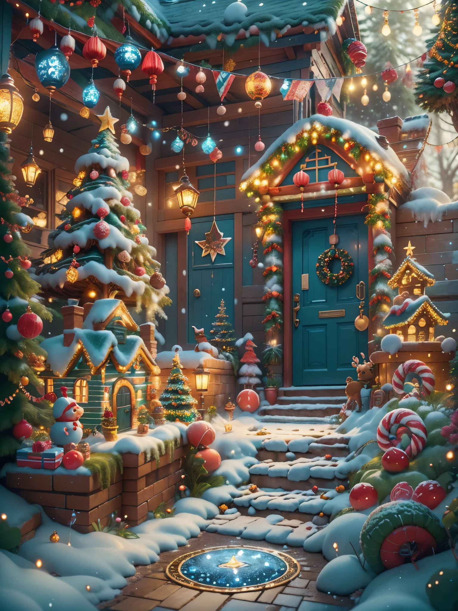 (tmasterpiece),(ultra - detailed:1.3),(Close-up: 1.8), Best quality,(棉花糖一样的白yuki:1.2),(Christmas courtyard in blue fairy tale:1.6),(蓝色门上圣诞decorationlower ring: 1.8),(suns),(((Delicious candies in front of the door,Christmas tree, gifts, Christmas stockings, cute gingerbread man,chocolate house splash))), Illustration style, decorations, Fantasy Christmas small courtyard, Lovely design style, yuki,rays of sunshine,vivd colour、 ((Whimsical and charming fantasy)), Surreal portrait, (Fantasy themed Christmas cabin), (Whimsical Christmas Accessories), (Colorful, Landscape full of candy), (enchanting, 神奇的Christmas tree), (A vibrant one, Candy-colored courtyard), (Candy Road), (blue candy door) in distance, (Like a mirror, 不对称tmasterpiece钟表配件), (Rich, fantasticcolors), (温暖的rays of sunshine), (four dimensional dream), (enchanting atmosphere), (Playful composition), (生动的rays of sunshine效果), 1.4x realism,hyper HD,Shown in this beautiful scene,(Very meticulous,Reasonable design,Clear lines,High- sharpness,tmasterpiece,offcial art,movie light effect,8K)