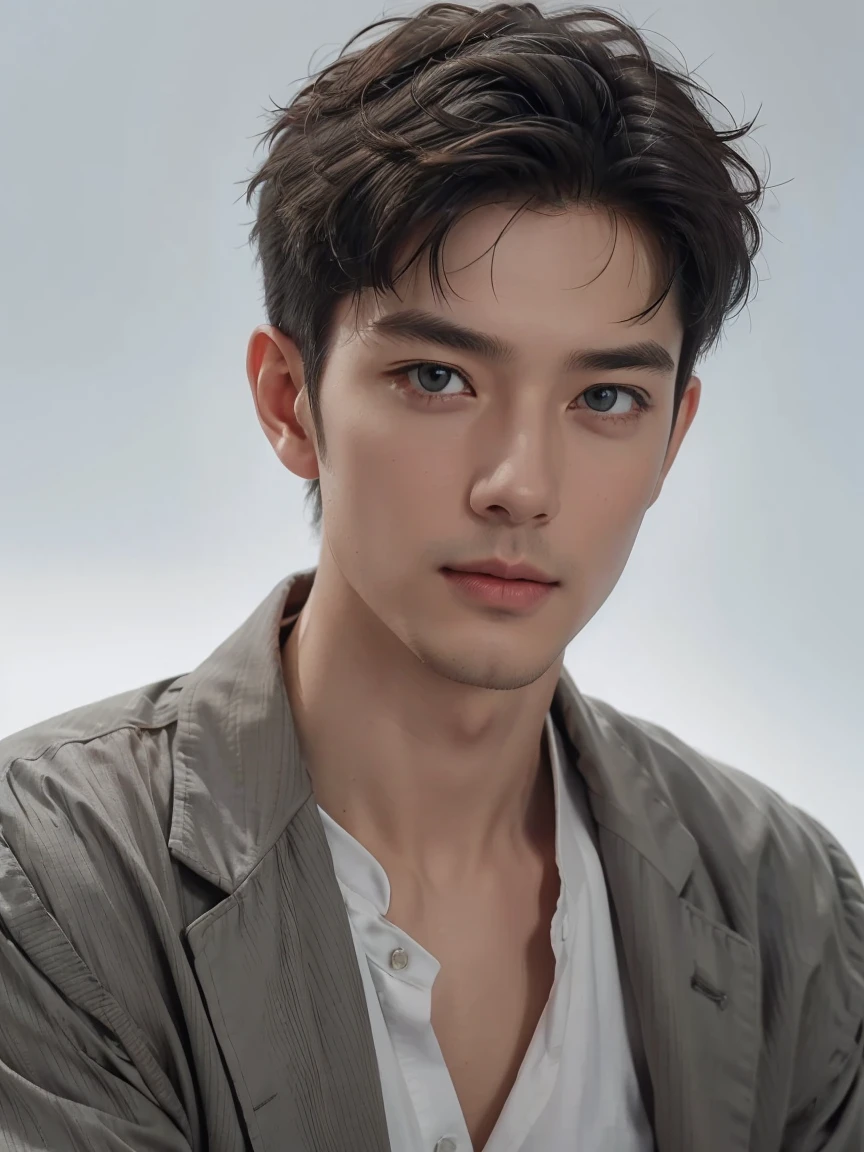 detail skin texture, (Best quality:1.4), 8K分辨率, A high resolution, (realistically, A high resolution:1.4), RAW photos, (actual, 真实感:1.3 likes, Handsome白种人男性, super model, Attractive man,60-year-old man！, white male head portrait, gentlesoftlighting, Face focus, cheerful的, cheerful, illuminate warmly, （（Very relaxed and lazy look！））, （（Unintentionally exposing chest muscles））, ((gray white background)). ((gray wall background)), head portrait, (Very short hair), Wear modern and stylish jackets and shirts, Handsome, young, Green-eyed, flathead, Very short hair, flathead, with a round face,Short beard! Brown hair, French-German man in suit lying on sofa，pair, （（Very relaxed and lazy look！））, , perfectly straight in front of the camera, Surreal, Detailed pubic hair, Nature portrait, right in front of the camera, very Detailed pubic hair eyes, perfectly straight in front of the camera,
