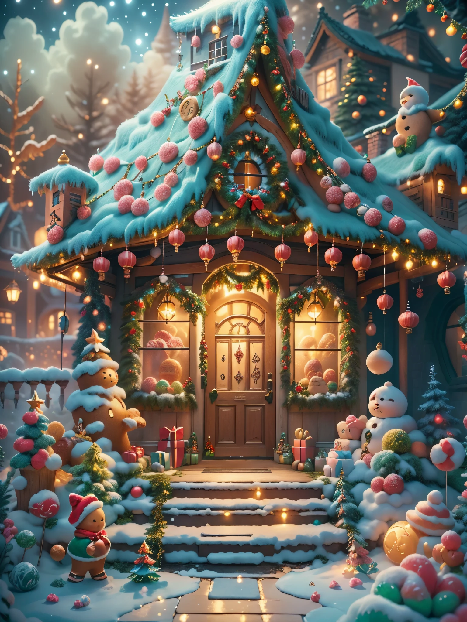 (tmasterpiece),(ultra - detailed:1.3),(Close-up: 1.8), Best quality,(棉花糖一样的白yuki:1.2),(Christmas courtyard in blue fairy tale:1.6),(蓝色门上圣诞decorationlower ring: 1.8),(suns),(((Delicious candies in front of the door,Christmas tree, gifts, Christmas stockings, cute gingerbread man,chocolate house splash))), Illustration style, decorations, Fantasy Christmas small courtyard, Lovely design style, yuki,rays of sunshine,vivd colour、 ((Whimsical and charming fantasy)), Surreal portrait, (Fantasy themed Christmas cabin), (Whimsical Christmas Accessories), (Colorful, Landscape full of candy), (enchanting, 神奇的Christmas tree), (A vibrant one, Candy-colored courtyard), (Candy Road), (blue candy door) in distance, (Like a mirror, 不对称tmasterpiece钟表配件), (Rich, fantasticcolors), (温暖的rays of sunshine), (four dimensional dream), (enchanting atmosphere), (Playful composition), (生动的rays of sunshine效果), 1.4x realism,hyper HD,Shown in this beautiful scene,(Very meticulous,Reasonable design,Clear lines,High- sharpness,tmasterpiece,offcial art,movie light effect,8K)
