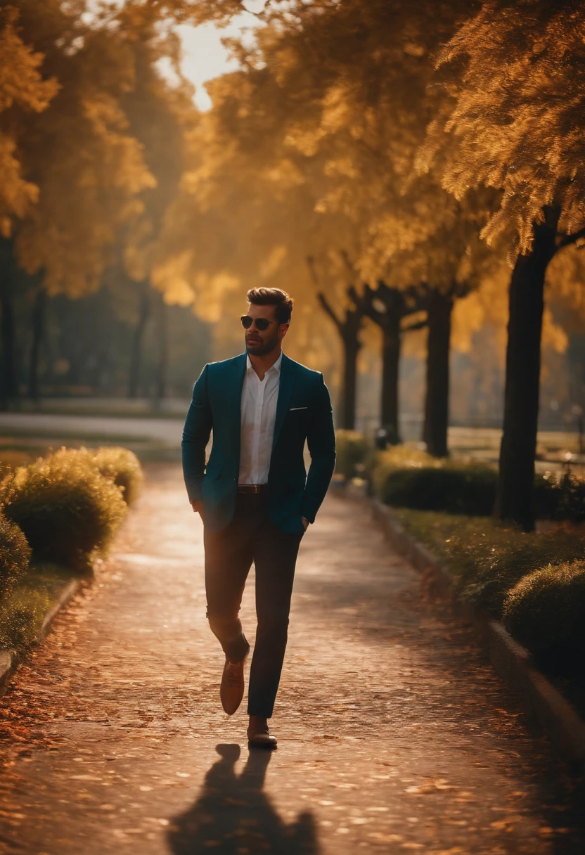 describe an attractive man taking a walk through the park wearing bussiness causual clothes. 8k, cinematic illumination.