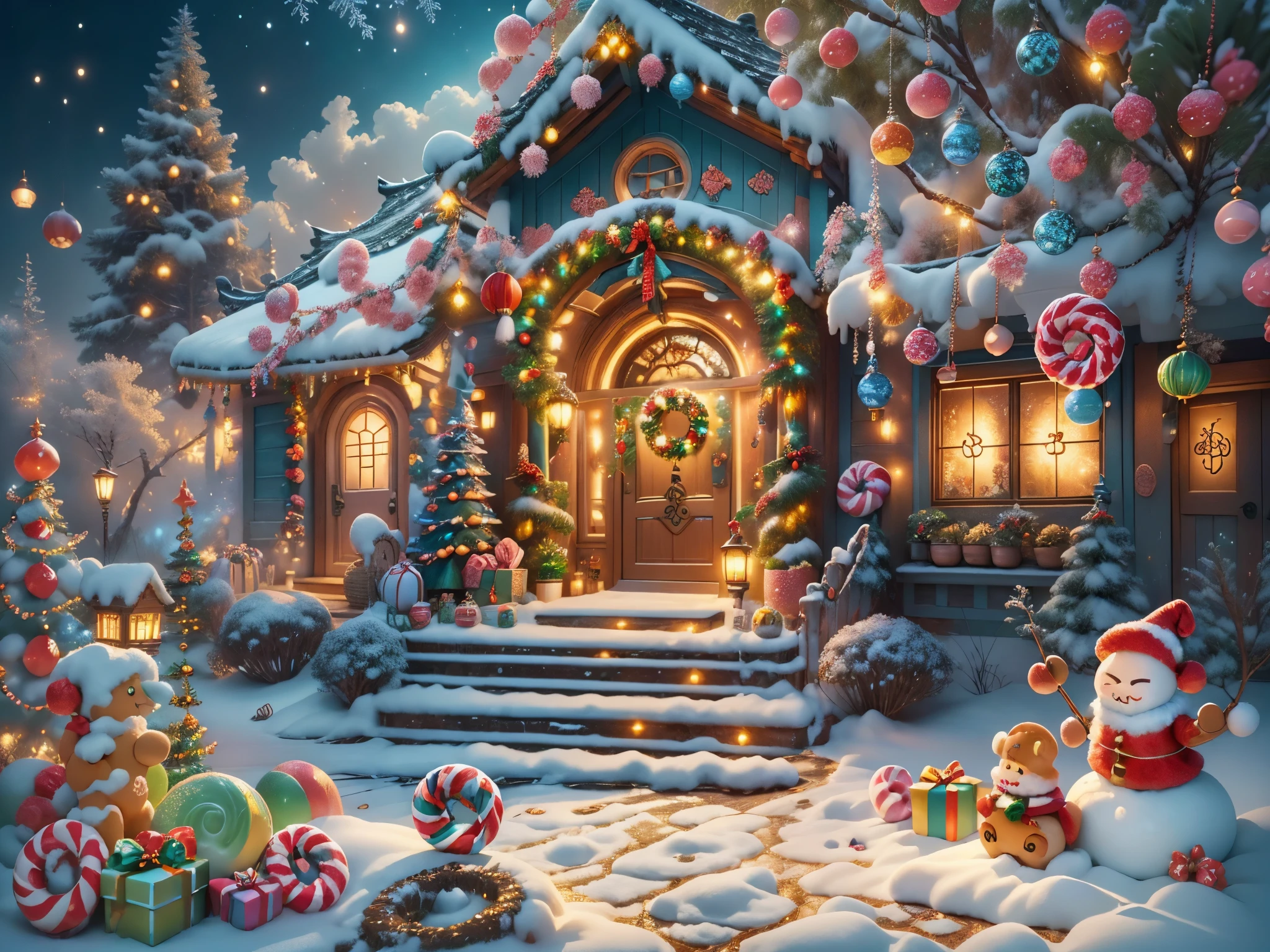 (tmasterpiece),（ultra - detailed:1.3），(Close-up: 1.8), Best quality，（棉花糖一样的白yuki:1.2），（Christmas courtyard in blue fairy tale:1.6），(蓝色门上圣诞decorationlower ring: 1.8),（suns），(((Delicious candies in front of the door，Christmas tree, gifts, Christmas stockings, cute gingerbread man，chocolate house splash))), Illustration style, decorations, Fantasy Christmas small courtyard, Lovely design style, yuki，rays of sunshine，vivd colour、 ((Whimsical and charming fantasy)), Surreal portrait, (Fantasy themed Christmas cabin), (Whimsical Christmas Accessories), (Colorful, Landscape full of candy), (enchanting, 神奇的Christmas tree), (A vibrant one, Candy-colored courtyard), (Candy Road), (blue candy door) in distance, (Like a mirror, 不对称tmasterpiece钟表配件), (Rich, fantasticcolors), (温暖的rays of sunshine), (four dimensional dream), (enchanting atmosphere), (Playful composition), (生动的rays of sunshine效果), 1.4x realism，hyper HD，Shown in this beautiful scene，(Very meticulous，Reasonable design，Clear lines，High- sharpness，tmasterpiece，offcial art，movie light effect，8K)