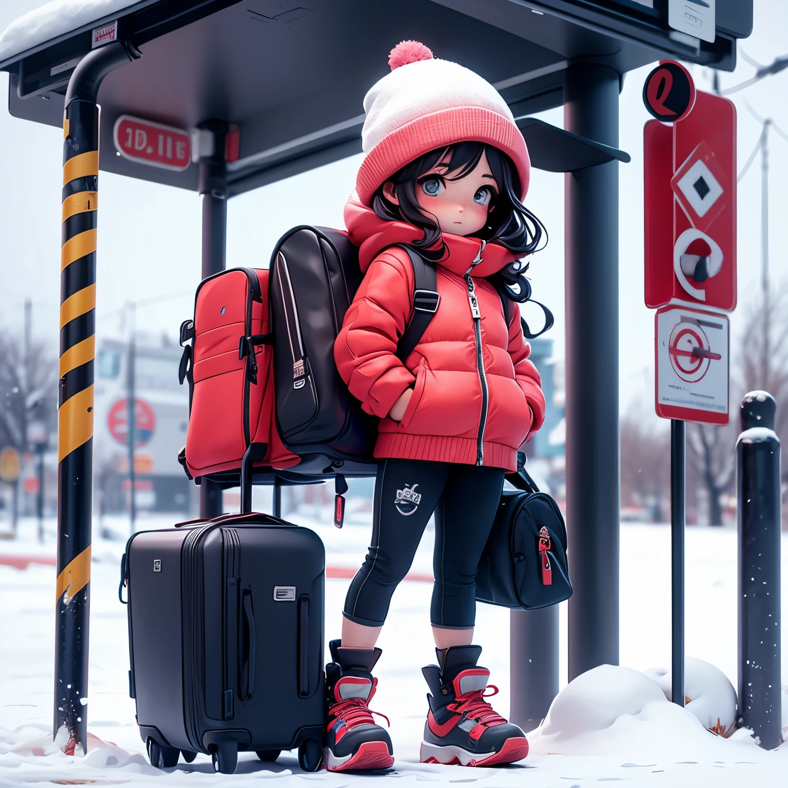 Girl waiting for the bus at the bus stop with snow blizzard