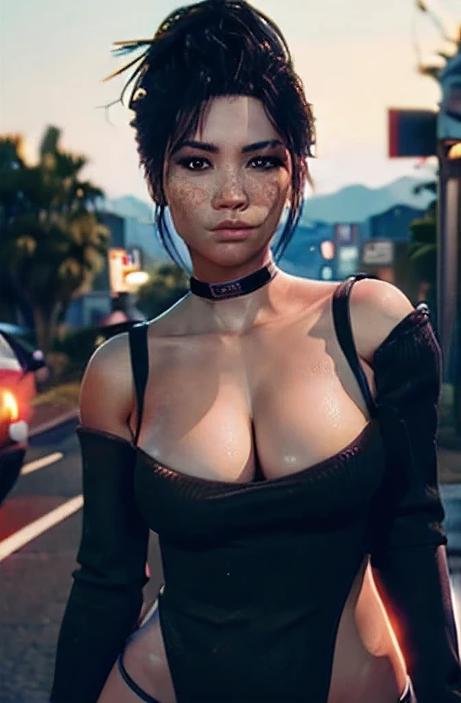 ((portrait shot)), a photo on Panam, black crop top, ((face_freckles:0.9)), standing, street, night time, good hand,4k, high-res, masterpiece, best quality, (head:1.3), finely detailed skin, sharp focus, (cinematic lighting), collarbone, morning, soft lighting, dynamic angle, thighs,