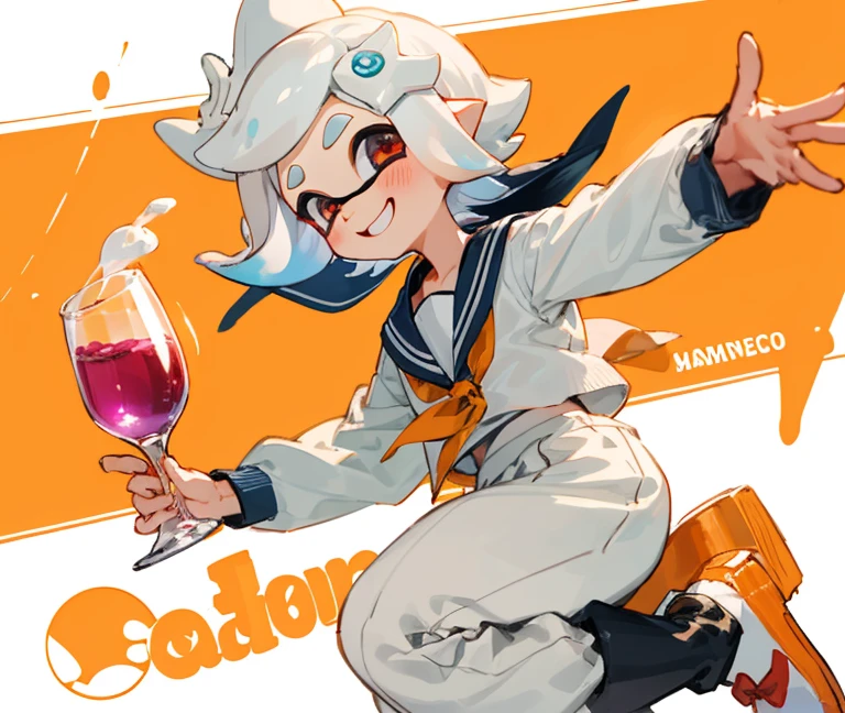splatoon girl ranche、short-hair、wine glasses、cute little、A bouncy smile,a sailor suit、without background