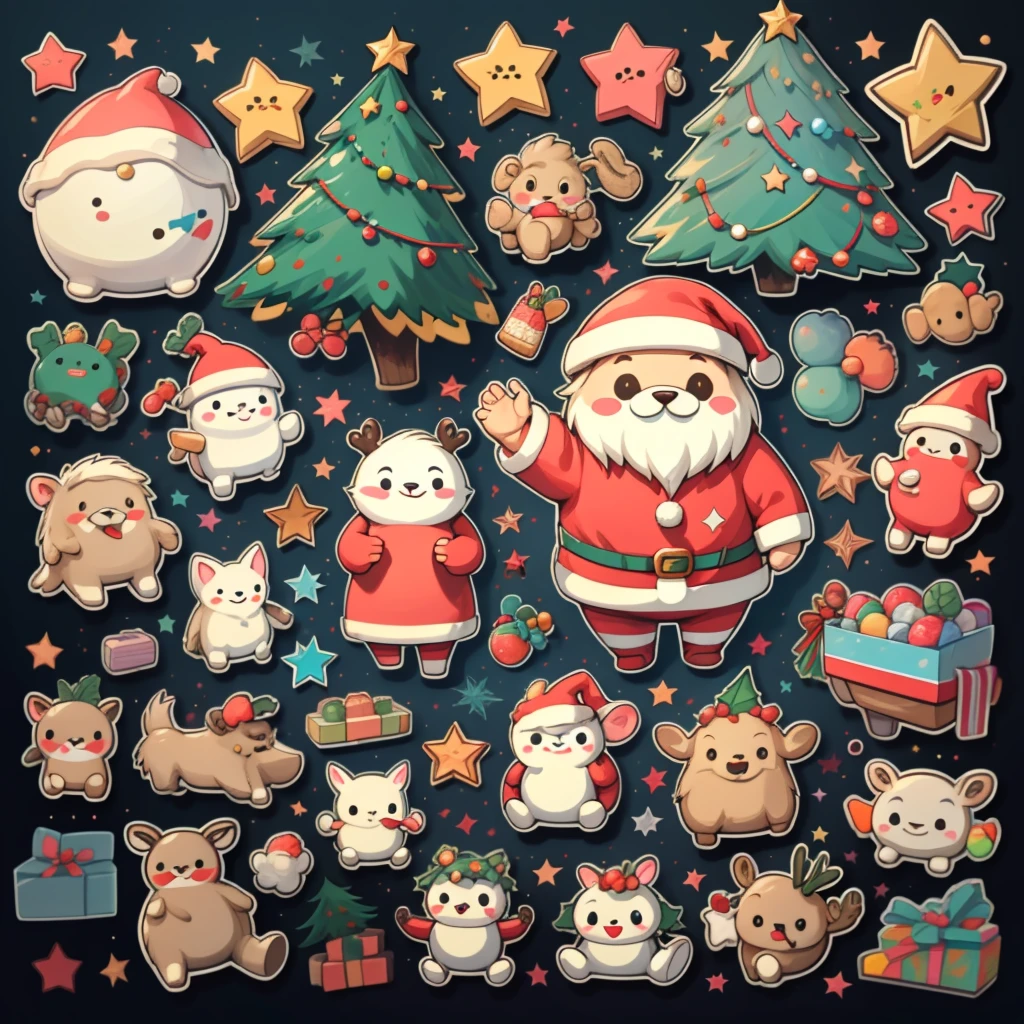 (best quality,highres),Christmas stickers, Santa Claus, reindeers, toys, stars, candies, cookies, and other Christmas-related items, vibrant colors, festive lighting.