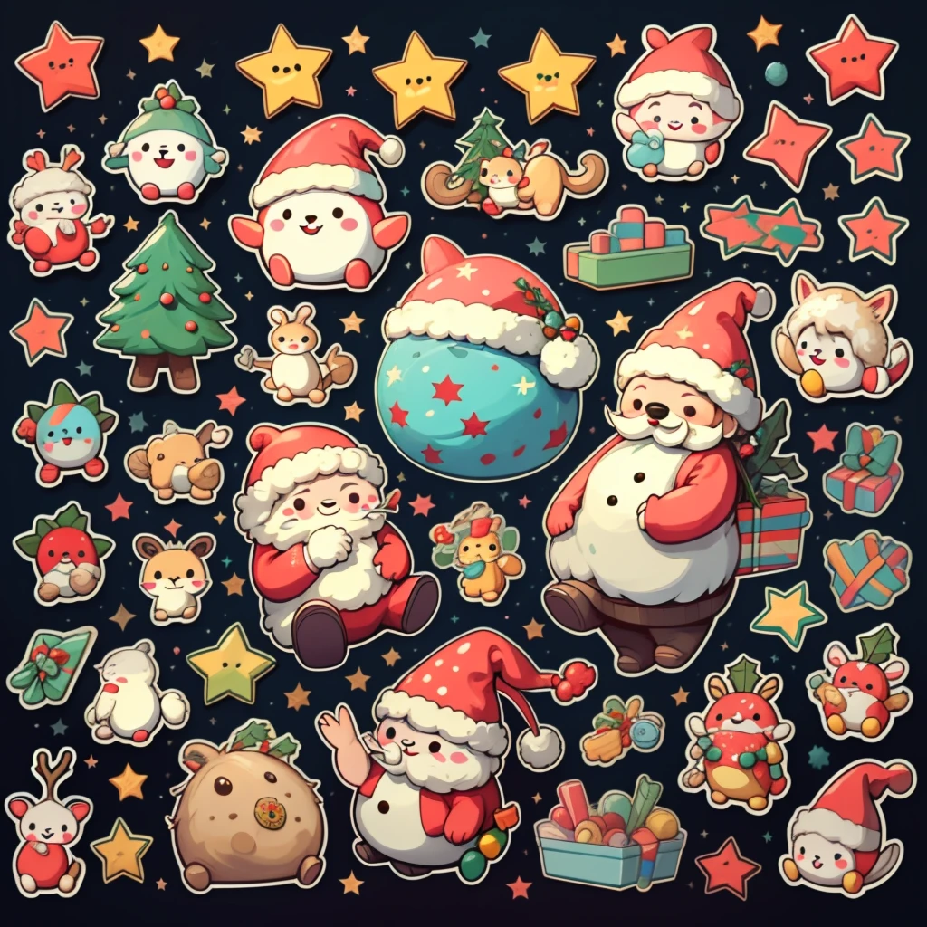 (best quality,highres),Christmas stickers, Santa Claus, reindeers, toys, stars, candies, cookies, and other Christmas-related items, vibrant colors, festive lighting.