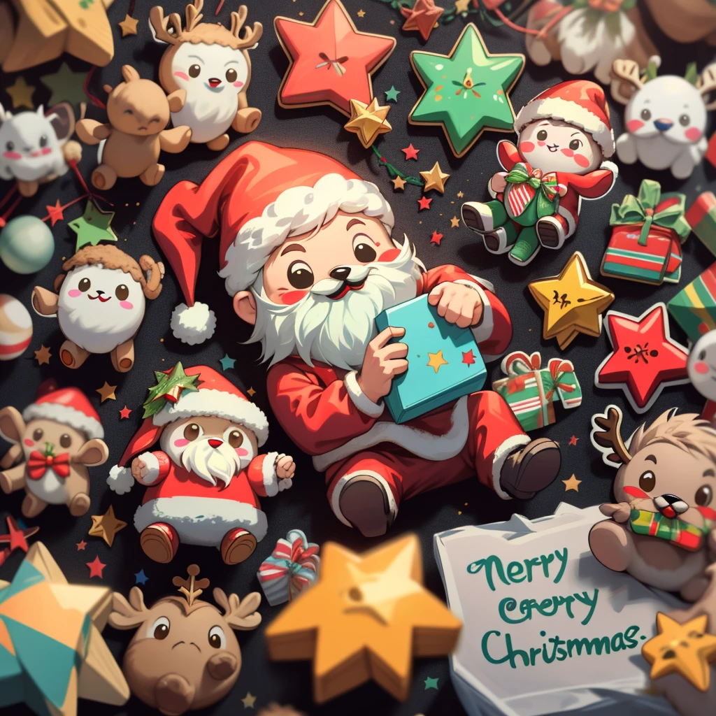 (best quality,highres),Christmas stickers, Santa Claus, reindeers, toys, stars, candies, cookies, and other Christmas-related items, vibrant colors, festive lighting.
