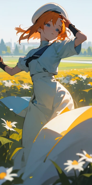 1girl in，beautful view，(​masterpiece、top-quality)、Field of green plants and flowers，short head hair，Orange hair，Blue wristband，shortsleeves，Dancing，Blue eyes，Warm lighting、robe blanche、White beret