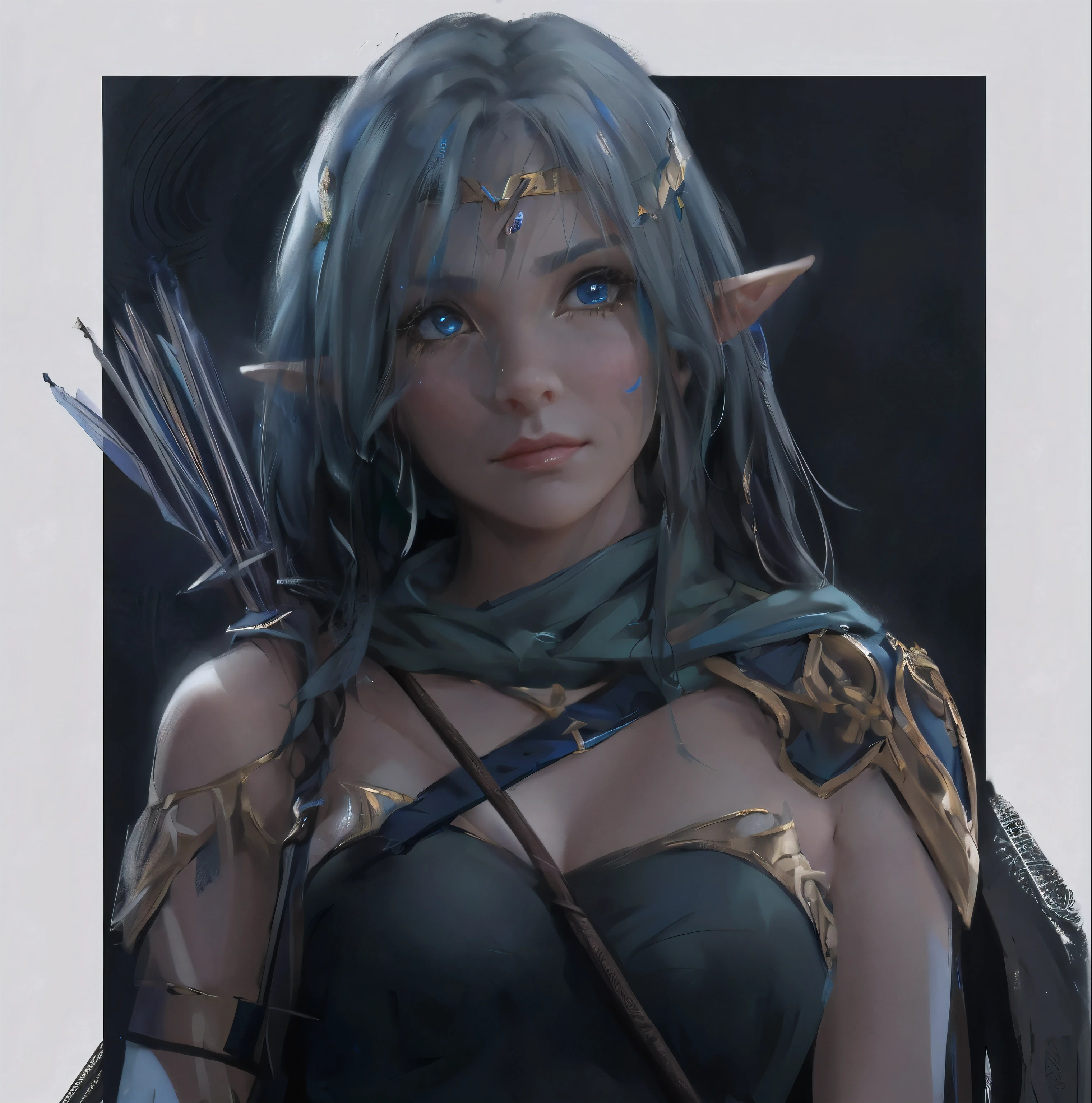a close up of a woman with a bow and arrow, portrait of an elf, a portrait of an elf, elf girl, fantasy concept art portrait, female elf, elven character with smirk, hyperdetailed fantasy character, portrait dnd, inspired by WLOP, rpg portrait concept art, detailed matte fantasy portrait, character art portrait, half elf woman