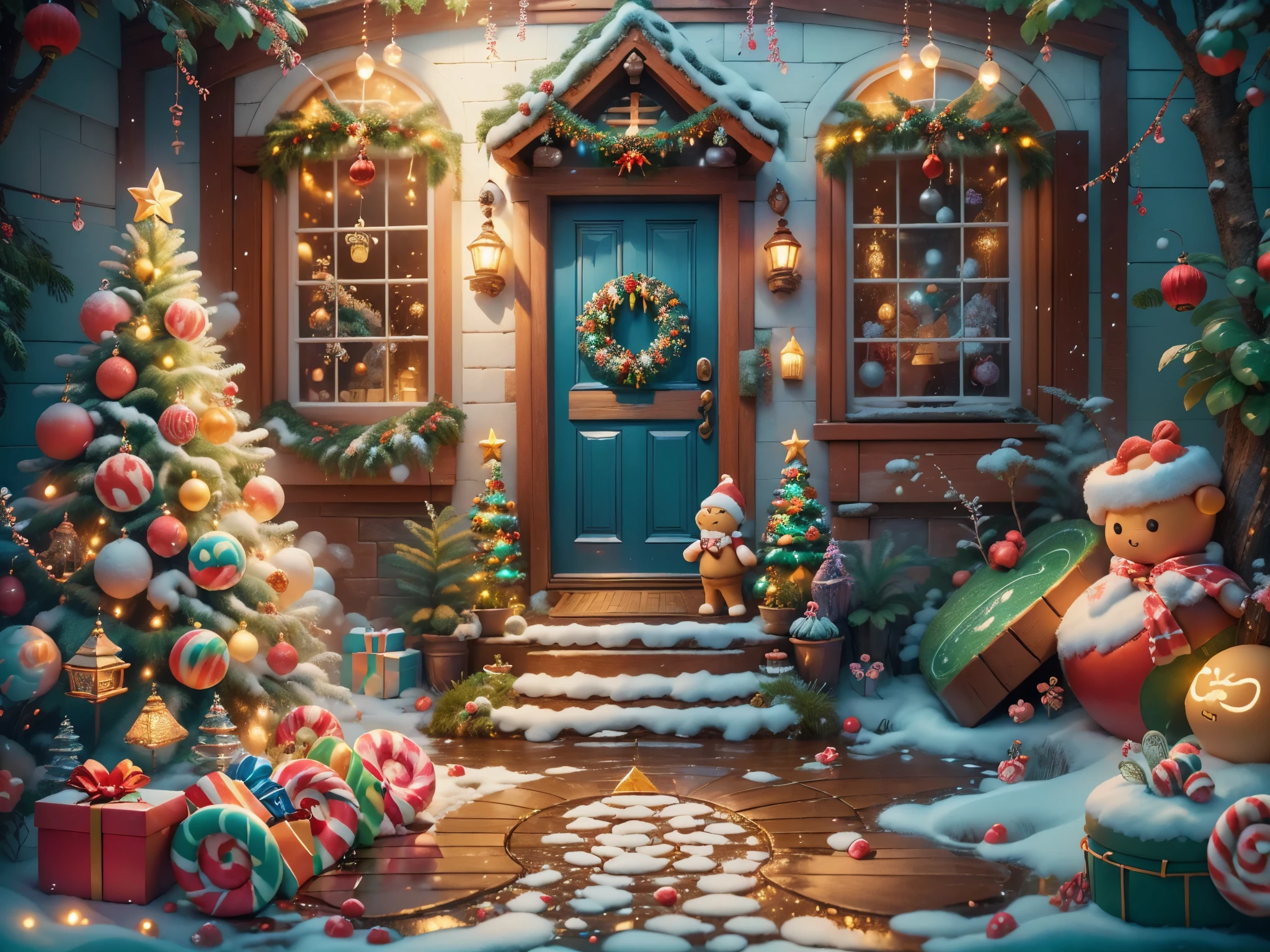 (tmasterpiece),（ultra - detailed:1.3），(Close-up: 1.8), Best quality，（棉花糖一样的白yuki:1.2），（Christmas courtyard in blue fairy tale:1.6），(蓝色门上圣诞decorationlower ring: 1.8),（suns），(((Delicious candies in front of the door，Christmas tree, gifts, Christmas stockings, cute gingerbread man，chocolate house splash))), Illustration style, decorations, Fantasy Christmas small courtyard, Lovely design style, yuki，rays of sunshine，vivd colour、 ((Whimsical and charming fantasy)), Surreal portrait, (Fantasy themed Christmas cabin), (Whimsical Christmas Accessories), (Colorful, Landscape full of candy), (enchanting, 神奇的Christmas tree), (A vibrant one, Candy-colored courtyard), (Candy Road), (blue candy door) in distance, (Like a mirror, 不对称tmasterpiece钟表配件), (Rich, fantasticcolors), (温暖的rays of sunshine), (four dimensional dream), (enchanting atmosphere), (Playful composition), (生动的rays of sunshine效果), 1.4x realism，hyper HD，Shown in this beautiful scene，(Very meticulous，Reasonable design，Clear lines，High- sharpness，tmasterpiece，offcial art，movie light effect，8K)