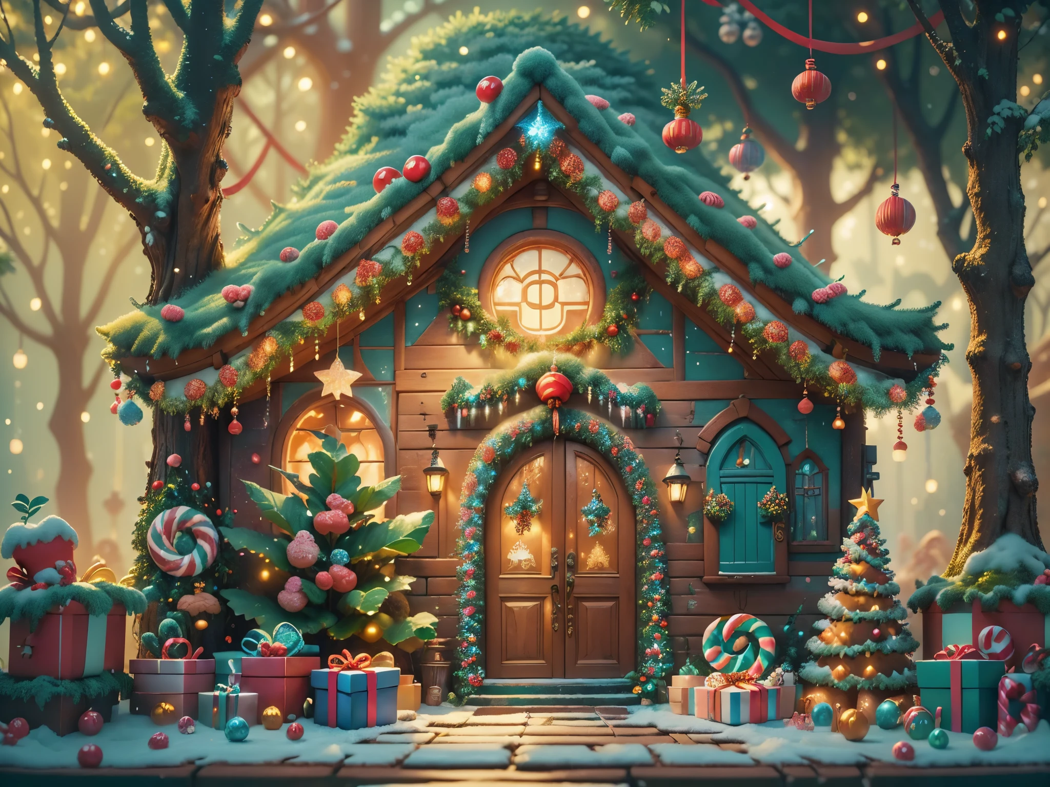 (tmasterpiece),（ultra - detailed:1.3），(Close-up: 1.8), Best quality，（棉花糖一样的白yuki:1.2），（Christmas courtyard in blue fairy tale:1.6），(蓝色门上圣诞decorationlower ring: 1.8),（suns），(((Delicious candies in front of the door，Christmas tree, gifts, Christmas stockings, cute gingerbread man，chocolate house splash))), Illustration style, decorations, Fantasy Christmas small courtyard, Lovely design style, yuki，rays of sunshine，vivd colour、 ((Whimsical and charming fantasy)), Surreal portrait, (Fantasy themed Christmas cabin), (Whimsical Christmas Accessories), (Colorful, Landscape full of candy), (enchanting, 神奇的Christmas tree), (A vibrant one, Candy-colored courtyard), (Candy Road), (blue candy door) in distance, (Like a mirror, 不对称tmasterpiece钟表配件), (Rich, fantasticcolors), (温暖的rays of sunshine), (four dimensional dream), (enchanting atmosphere), (Playful composition), (生动的rays of sunshine效果), 1.4x realism，hyper HD，Shown in this beautiful scene，(Very meticulous，Reasonable design，Clear lines，High- sharpness，tmasterpiece，offcial art，movie light effect，8K)