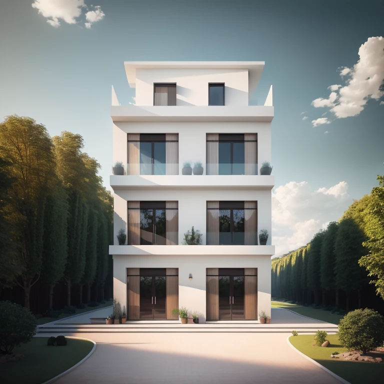 (masterpiece),(high quality), best quality, real,(realistic), super detailed, (full detail),(4k),8k,modern house exterior design,Modern architecture,Sandstone,whitewall,Beautiful_sky,Day light, no_humans, outdoors,sky,