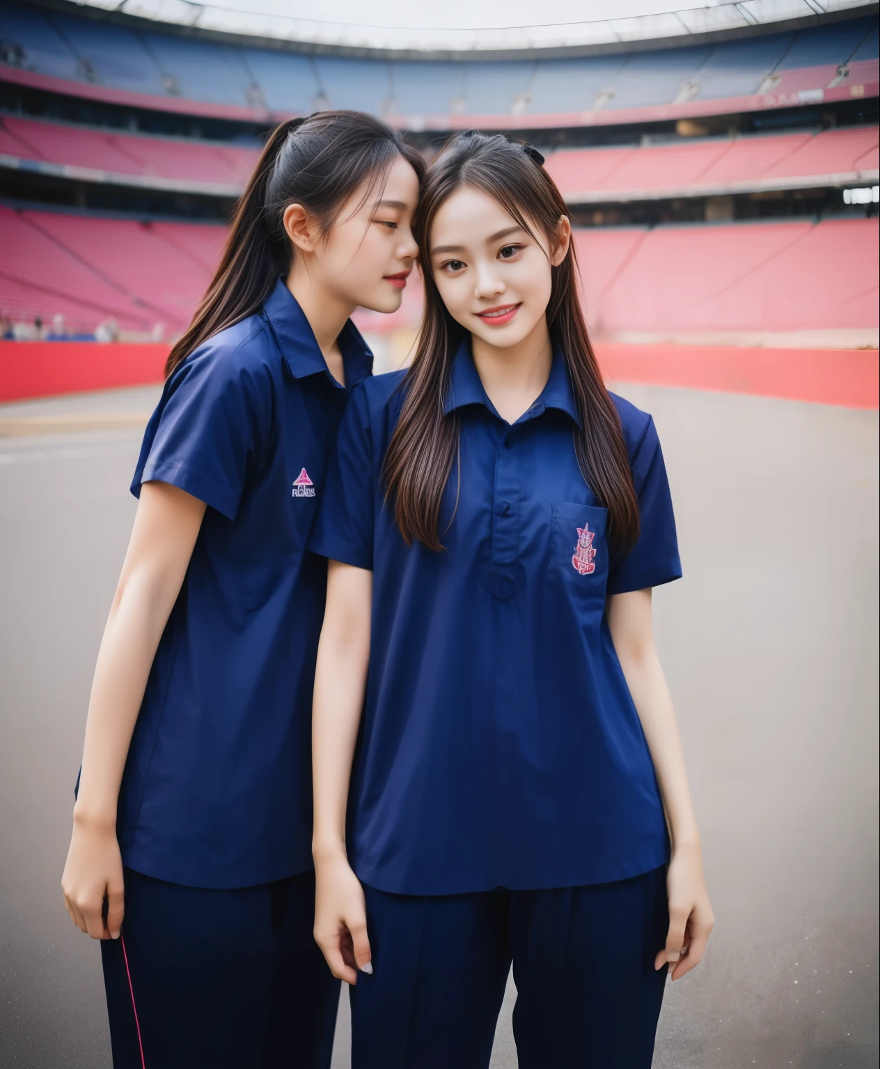 (bestquality,10,10,highres,masterpiece:1.2),ultra-detail,(Realistic,ภาพRealistic,photo-realistic:1.37),1 Cute girl in the football field,oily shiny skin,bara,light smile,BDclothelue shirt:1.3)),short sleeves,shirt, trousers.,(navy_long_ติดตามtrousers:1.1), ((Stadium Background:1.3)),dynamic angle,excited,face focus,Dynamic Poses,from behide,Ass Focus,masterpiece, bestquality, ultra realistic, hyper-detail, 8k resolution, RAW photo, crisp focus, ((Navy blue shirt:1.1)), short sleeves, เส้นทางlong, Complete bodyแบบ, 2 mature women, 18yo, cinematic light,trousersวอร์มสีน้ําเงิน,Gymware,Correct anatomy,Complete body, Correct body, sharp face, Correct bodyทางกายวิภาค, full entire body, Realistic gestures, long-haired, Realistic poses,Wear long shorts................................,ช่วงขาlong,Shapely,Sculpting Girl, Slender Figure, mannequin mannequins, Shapely, Beautiful body,trousersวอร์มสีน้ําเงิน, Two girls kissing