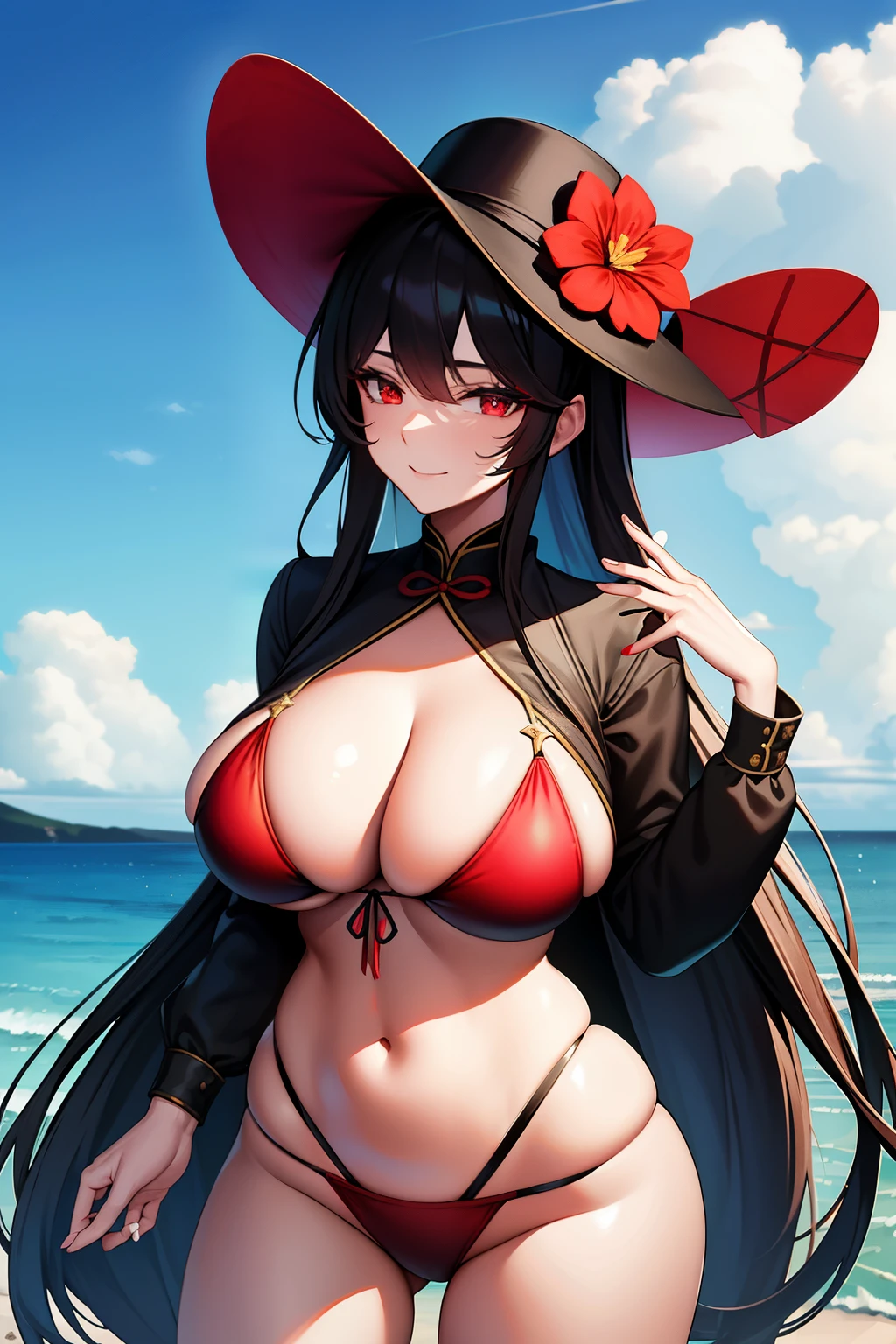 2d， tmasterpiece， best qualtiy， anime big breast， highly detailed eye， Highly detailed face， highly detailed back ground， perfect litthing， cowboy lens，  1girll， 独奏， standing on your feet， beachside，Bikini style，huge boob，hu tao\（genshin impact\）， pupils in symbol shapes， flower shaped pupils， Hats， red flower， red eyes， SakuraNS，