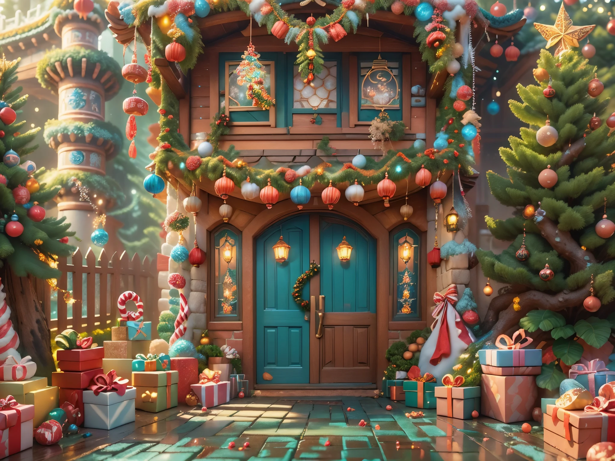 (tmasterpiece),（ultra - detailed:1.3），(closeup cleavage: 1.8), Best quality at best，（Sparkling:1.2），（Christmas garden in a dreamy fairy tale:1.6），(Neon house，门上圣诞decor下环: 1.8),（themoon），(((There are delicious candies in front of the door，Christmas tree, gifts, Christmas stockings, cute gingerbread man，chocolate house splash))), Illustration style, decor, Fantasy Christmas courtyard, Lovely design style, natta，Yuki，moon full，vibrant with colors、 ((Whimsical and charming fantasy)), Surreal portrait, (Fantasy themed Christmas cabin), (Whimsical Christmas Accessories), (Colorful, Landscape full of candy), (enchanting, 神奇的Christmas tree), (a vibrant one, candy colored garden), (candy road), (candy door) in distance, (Like a mirror, 不对称tmasterpiece钟表配件), (Rich, fantasticcolors), (Twinkling Star Dimension Dream), (enchanting atmosphere), (Playful composition), (Vivid lighting effects), 1.4x more realism，hyper HD，Shown in this beautiful scene，(Very meticulous，Reasonable design，Clear lines，High- sharpness，tmasterpiece，offcial art，movie light effect，8K)