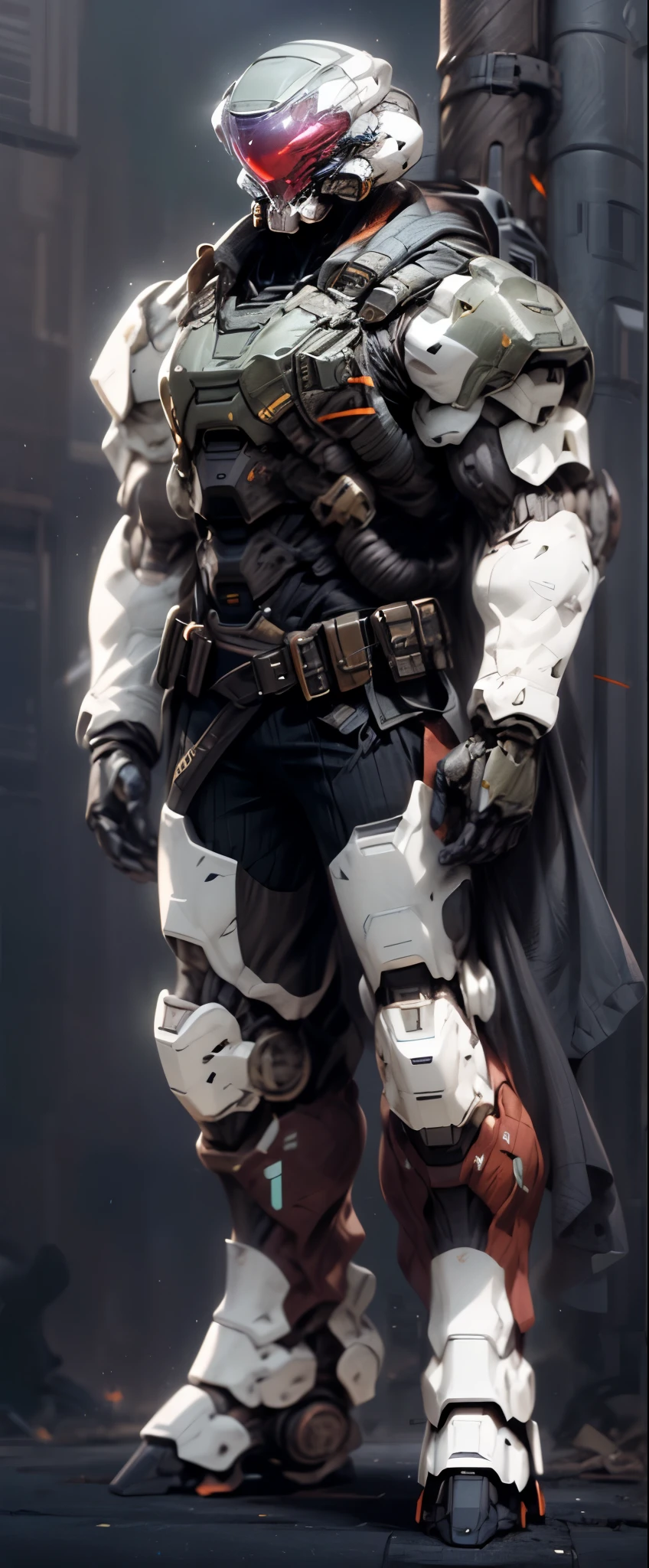 (((An epic and visually stunning digital anime masterpiece featuring a sylphlike masculine ((male:1.5)) decorated military dieselpunk cyborg soldier clad in a sleek yet tactical armored yet decorated leather military trench coat:1.2))), (((flat masculine male chest:1.5, mechanical full head helmet, mecha helmet with a narrow polarized orange visor:1.5))), (((the character adorned in a (scifi tactical armored open front trench coat with a built in exoskeleton) (over a form fitted armor plated yet super sleek and revealing under suit with waist cut outs), the armor plating on the upper arms and shoulders beautifully engraved))):1.4. The image showcases the intricacies of the character’s armor and clothing:1.5, ((capturing their flamboyant essence and heavy mecha aesthetic:1.2)). The character also possesses an androgynous charm, (((with slim yet heavily muscled physique:1.2, sylphlike with a sleek waist, toned yet beautifully sleek cybernetic arms:1.3, mechanical arms and legs:1.3, mecha muscles:1.3))), looking at viewer, (((brass metal armor and brown leather, dieselpunk:1.3))), (((depth of field, cinematic lighting, chromatic aberration, ray tracing, UHD, masterpiece, top of head covered, super detail, high details, high quality, award winning, 8k, highres, halo)))