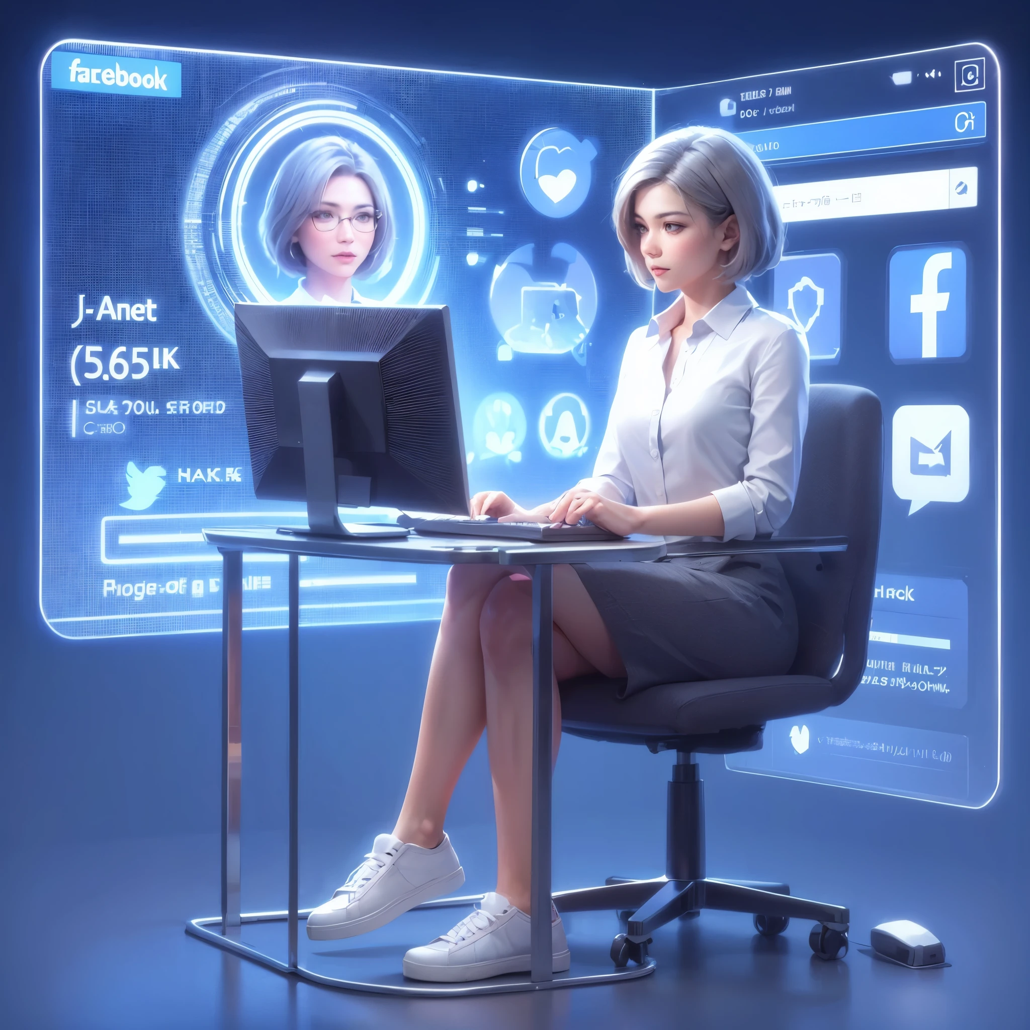 semi realistic artstyle of mature lady sitting play computer on her gaming pc with social media logo “facebook” in the background. Characters should wear modern casual white shirt and skirt, sneakers. hologram background behind her is a social media profile page number with the username “J-Anet” and a corresponding profile picture,  masterpiece, best quality:1.2),,(8k,highres,RAW photo,realistic,photo-realistic:1.3),(detailed skin texture,detailed cloth texture,beautiful detailed face:1.25),professional lighting,photon mapping,beautiful soft light,radiosity,physically-based rendering,raytracing, model shoot style, model shoot style, (extremely detailed CG unity 8k wallpaper), full shot body photo of the most beautiful artwork in the world,