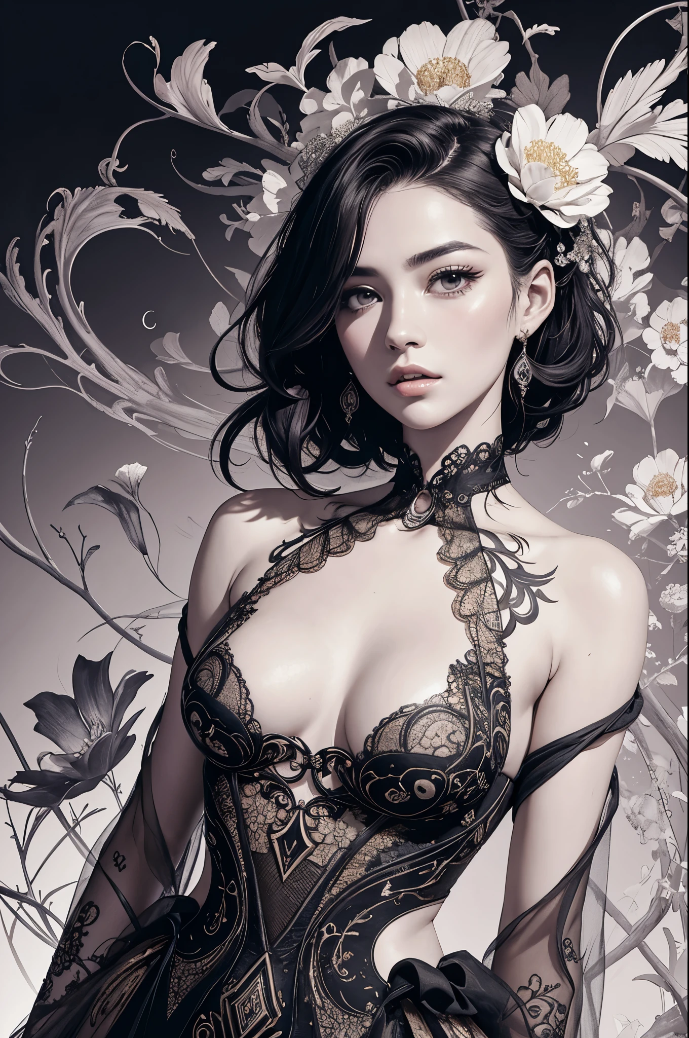 offcial art,统一 8k 壁纸,ultra - detailed,Beauty and aesthetics,tmasterpiece,best qualtiy,(zentangle,datura,Tangles,entangled),(s fractal art:1.3),1girl,The is very detailed,dynamic angle,cowboyshot,The most beautiful form of chaos,Elegant,Fauvist design,vivd colour,𝓡𝓸𝓶𝓪𝓷𝓽𝓲𝓬,James Jean,Robbie Devi Antono,ross tran,Francis Bacon,Michal Mraz,adrian ghenie,petra cortright,Gerhard Richter,Takato Yamamoto,Ashley Wood,Atmospheric,A note of ecstasy,streaming musical notes visible