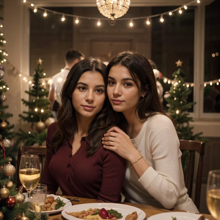 Selfie of a 21-year-old girl with a 58-year-old mature man, ambos visten elegante, They are in a museum with sculptures, fondo de museo con esculturas, el es muy atractivo, very attractive man, es millonario, They are at Christmas dinner, background christmas decoration, es navidad, el la besa, fotos en la cena de navidad, photos centered at the table with more people, la mesa es muy grande, cena ejecutiva, el le demuestra amor, cena laboral todos los observan