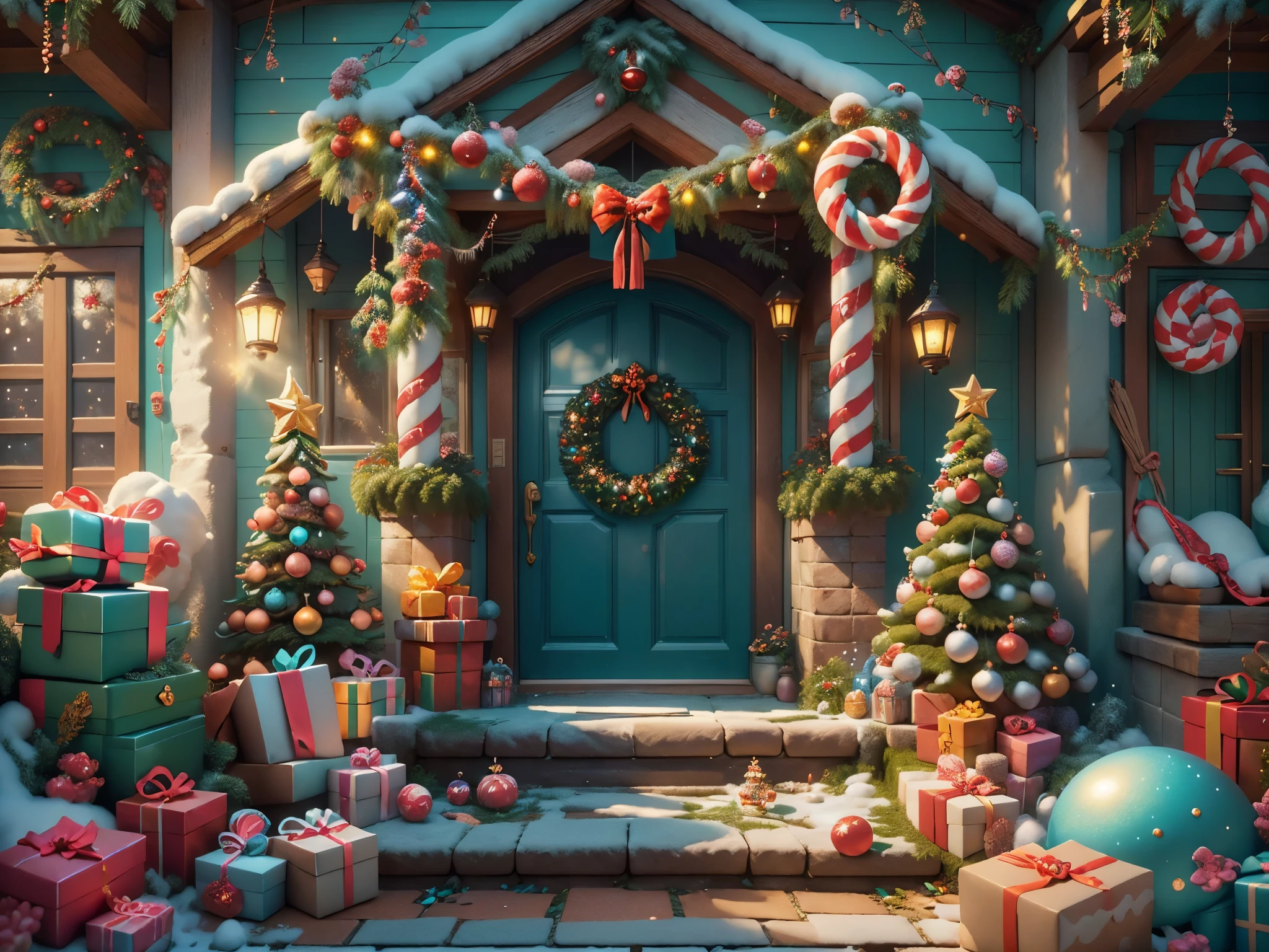 (tmasterpiece),（ultra - detailed:1.3），(Close-up: 1.8), Best quality，（棉花糖一样的白yuki:1.2），（Christmas courtyard in blue fairy tale:1.6），(蓝色门上圣诞decorationlower ring: 1.8),（suns），(((Delicious candies in front of the door，Christmas tree, gifts, Christmas stockings, cute gingerbread man，chocolate house splash))), Illustration style, decorations, Fantasy Christmas small courtyard, Lovely design style, yuki，rays of sunshine，vivd colour、 ((Whimsical and charming fantasy)), Surreal portrait, (Fantasy themed Christmas cabin), (Whimsical Christmas Accessories), (Colorful, Landscape full of candy), (enchanting, 神奇的Christmas tree), (A vibrant one, Candy-colored courtyard), (Candy Road), (blue candy door) in distance, (Like a mirror, 不对称tmasterpiece钟表配件), (Rich, fantasticcolors), (温暖的rays of sunshine), (four dimensional dream), (enchanting atmosphere), (Playful composition), (生动的rays of sunshine效果), 1.4x realism，hyper HD，Shown in this beautiful scene，(Very meticulous，Reasonable design，Clear lines，High- sharpness，tmasterpiece，offcial art，movie light effect，8K)