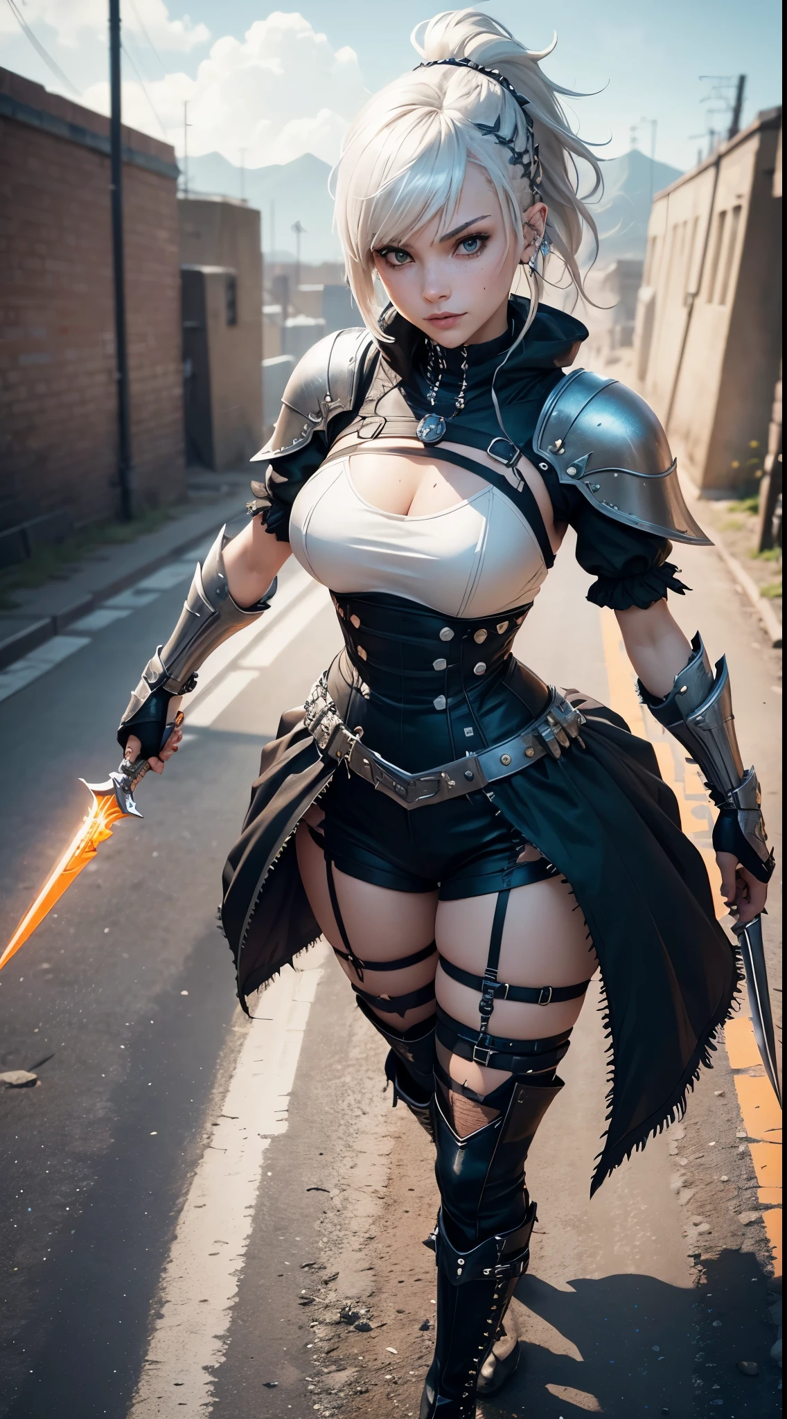 gwen tennyson,1girl,yorha 2b,riven,tracer,overwatch,atelier ryza,close up,battlefield view,tattoos,orange and white plugsuit,white short sleeve knight leotard,knight steel armor,lycra micro shorts,punk harness corset,long punk hair,punk makeup,green eyes,multicolored silver hair,long dress train,fierce smile,freckles,beautiful girl,thigh high punk boots,large breasts,8k,ultra detailed,realistic,fantasy art,punk knight uniform,punk gown dress,punk hair pin,ear piercings,punk hand and neck jewelry,(weather:windy),long orange knight cloak,holding a dagger on each hand,(pose:ready to attack),