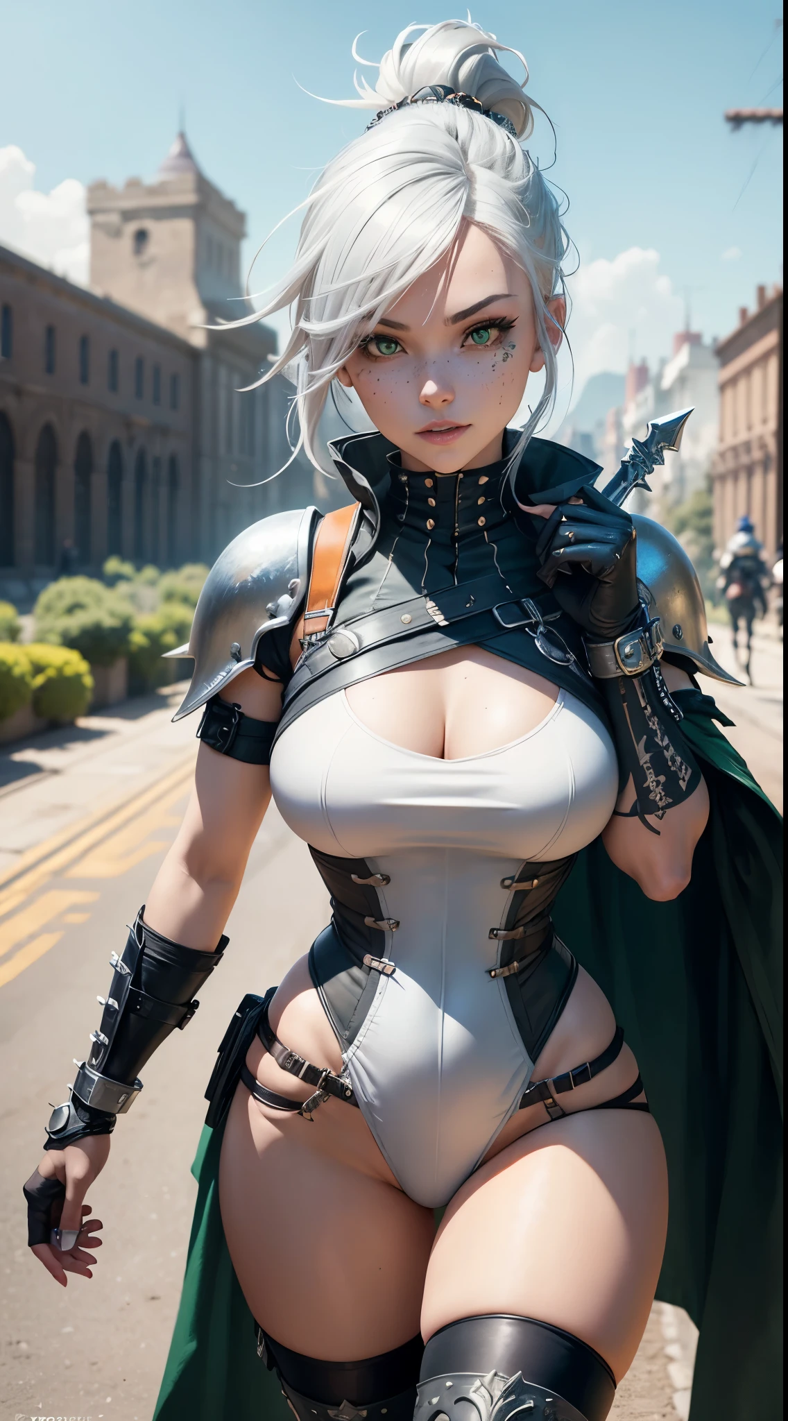 gwen tennyson,1girl,yorha 2b,riven,tracer,overwatch,atelier ryza,close up,battlefield view,tattoos,orange and white plugsuit,white short sleeve knight leotard,knight steel armor,lycra micro shorts,punk harness corset,long punk hair,punk makeup,green eyes,multicolored silver hair,long dress train,fierce smile,freckles,beautiful girl,thigh high punk boots,large breasts,8k,ultra detailed,realistic,fantasy art,punk knight uniform,punk gown dress,punk hair pin,ear piercings,punk hand and neck jewelry,(weather:windy),long orange knight cloak,holding a dagger on each hand,(pose:ready to attack),