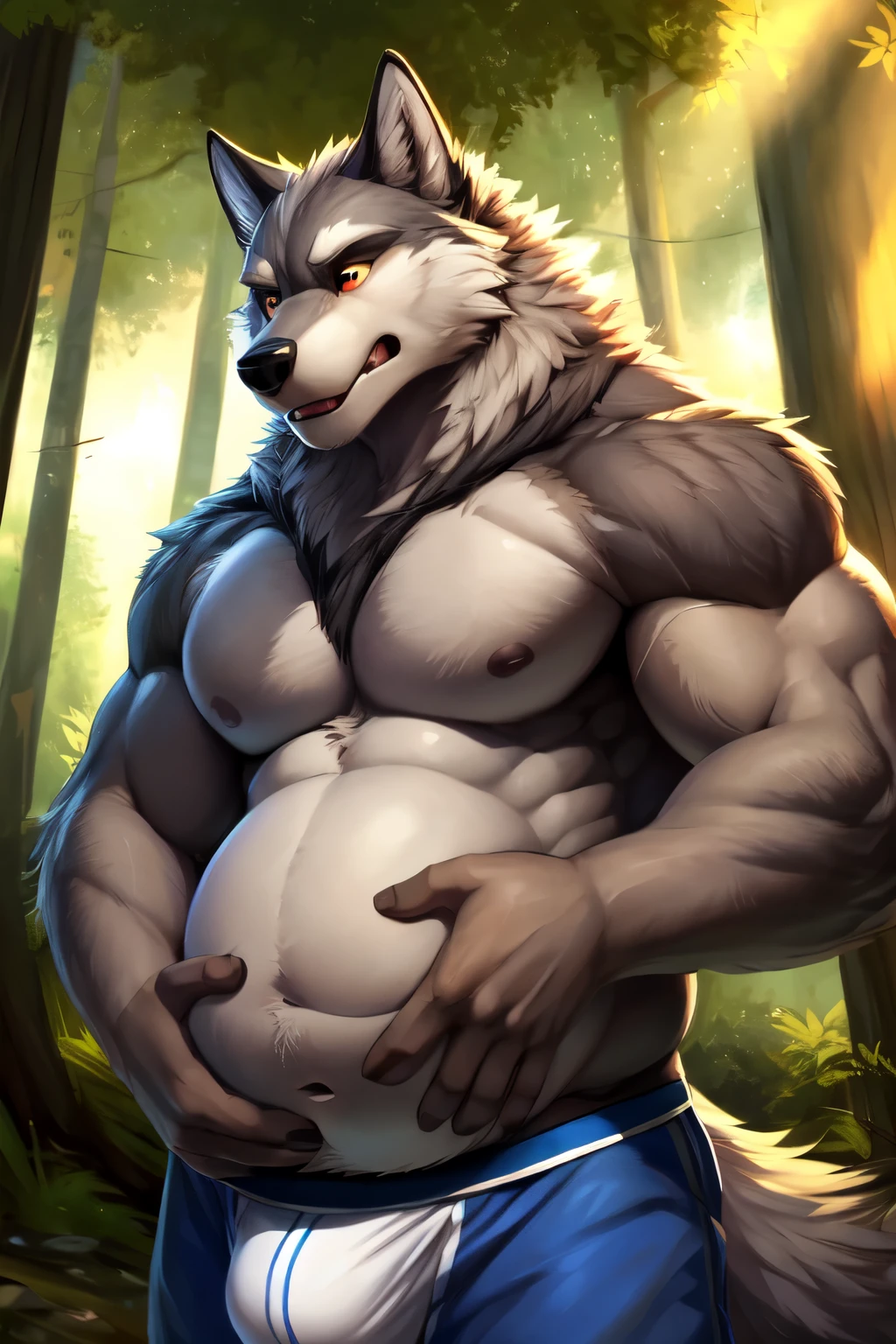 (by null-ghost, by borochi, by zyyphelze) quality eyes, detailed eyes, best quality, detailed, correct anatomy, hand on belly (((hand rubbing belly))), male, (chugging beer), anthro gray wolf (drinking beer), gray and white fur, athletic body, ((worried expression chugging beer)) detailed expression, panting, bloated, round muscle belly (abs on muscle belly), flushed, belly close up, chubby belly, bulge, boxer underwear, forest environment