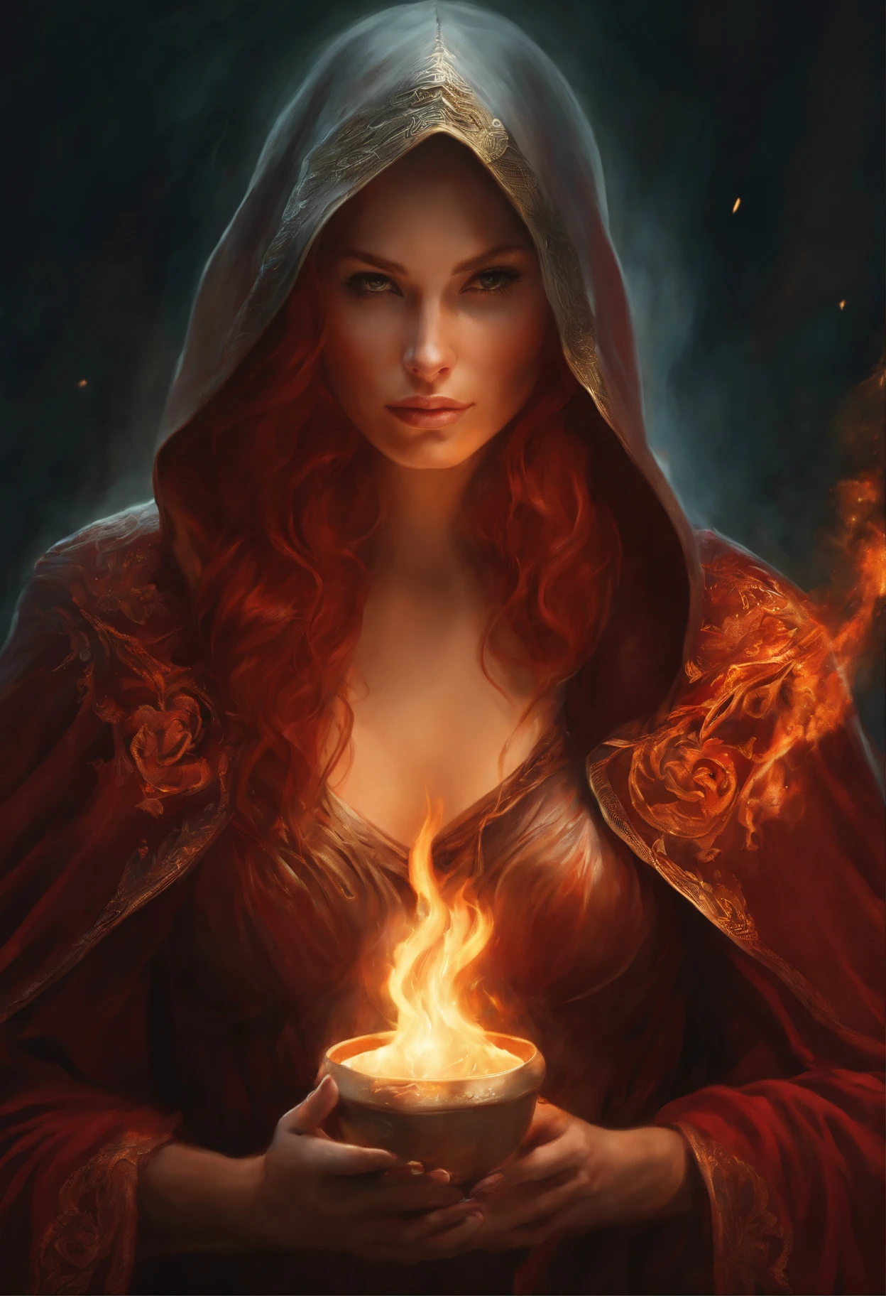 Painting of a hooded woman during a fire, fantasy concept art portrait, fantasy portrait art, epic fantasy art portrait, Fantasy genre portrait, fantasy art portrait, fantasy character portrait, fantasy portrait, graphic artist magali villeneuve, beautiful character painting, Goddess of Fire, digital fantasy portrait, flames surround her, Character portrait, Fantasy digital painting, red haired goddess